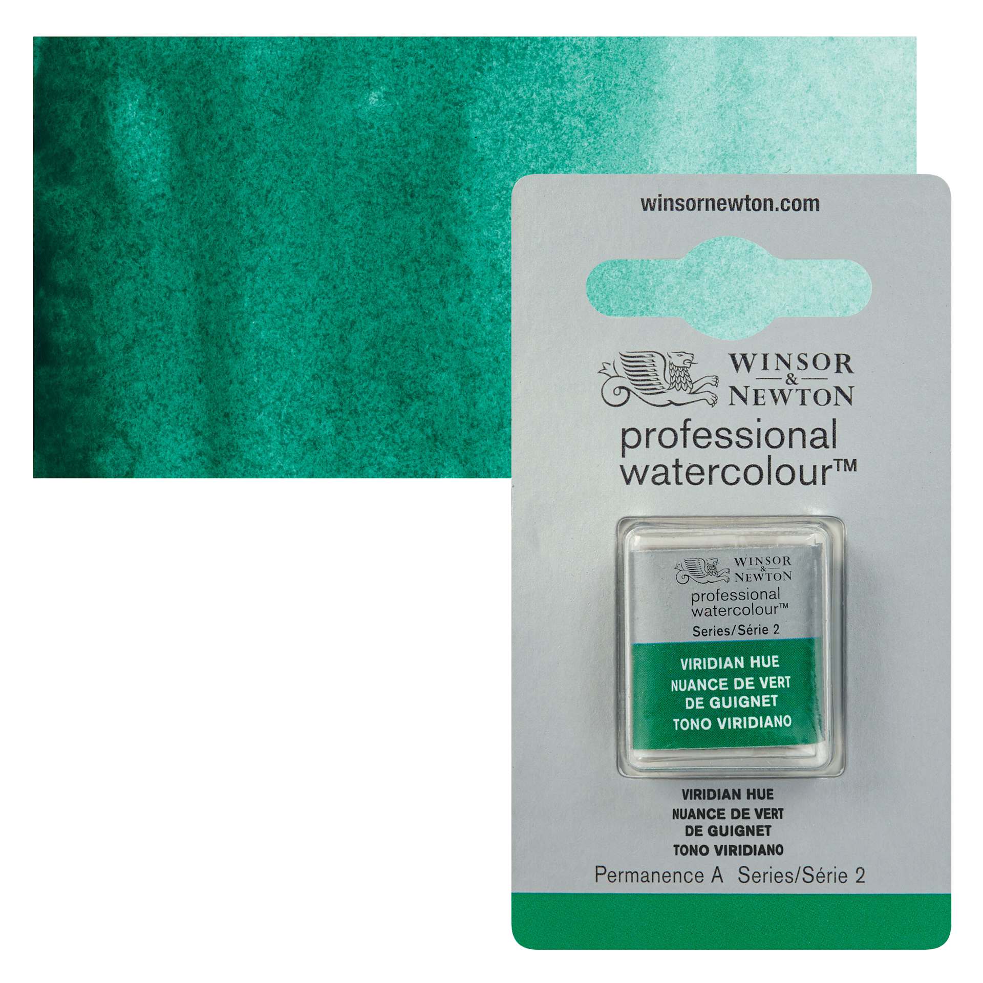 Winsor & Newton Professional Watercolor - Viridian Hue, Half Pan and swatch