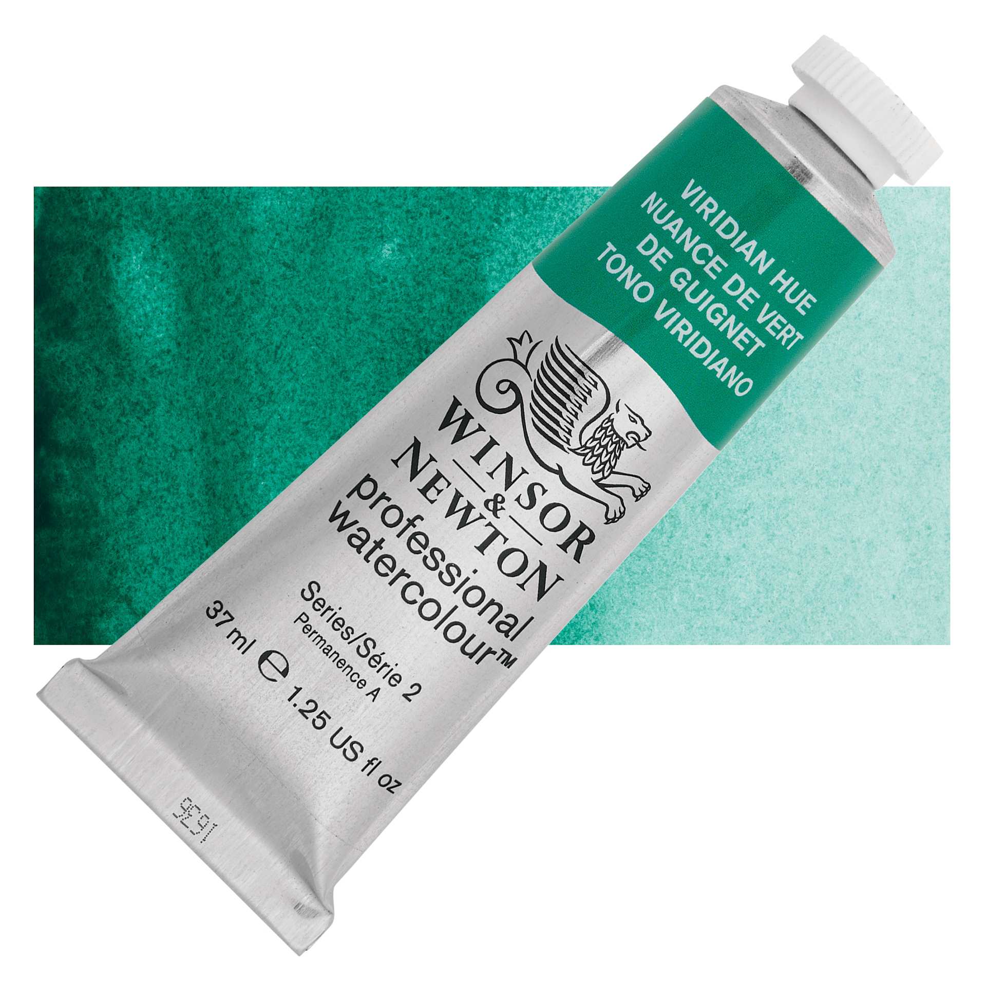 Winsor & Newton Professional Watercolor - Viridian Hue, 37 ml Tube and swatch