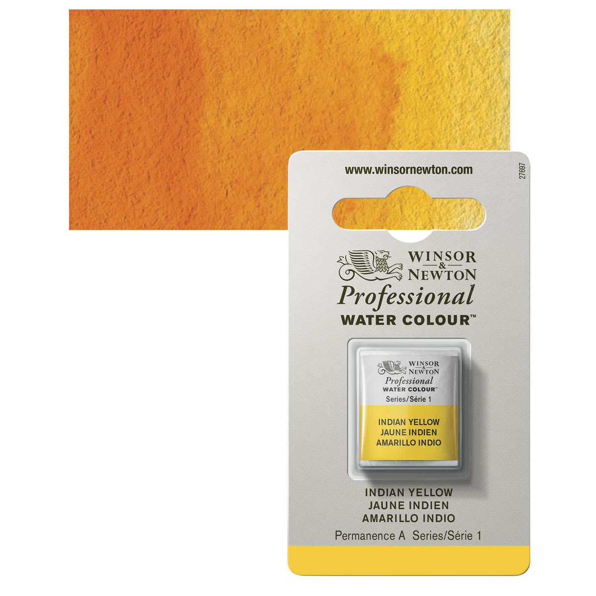Winsor & Newton Professional Watercolor - Indian Yellow, Half Pan and swatch
