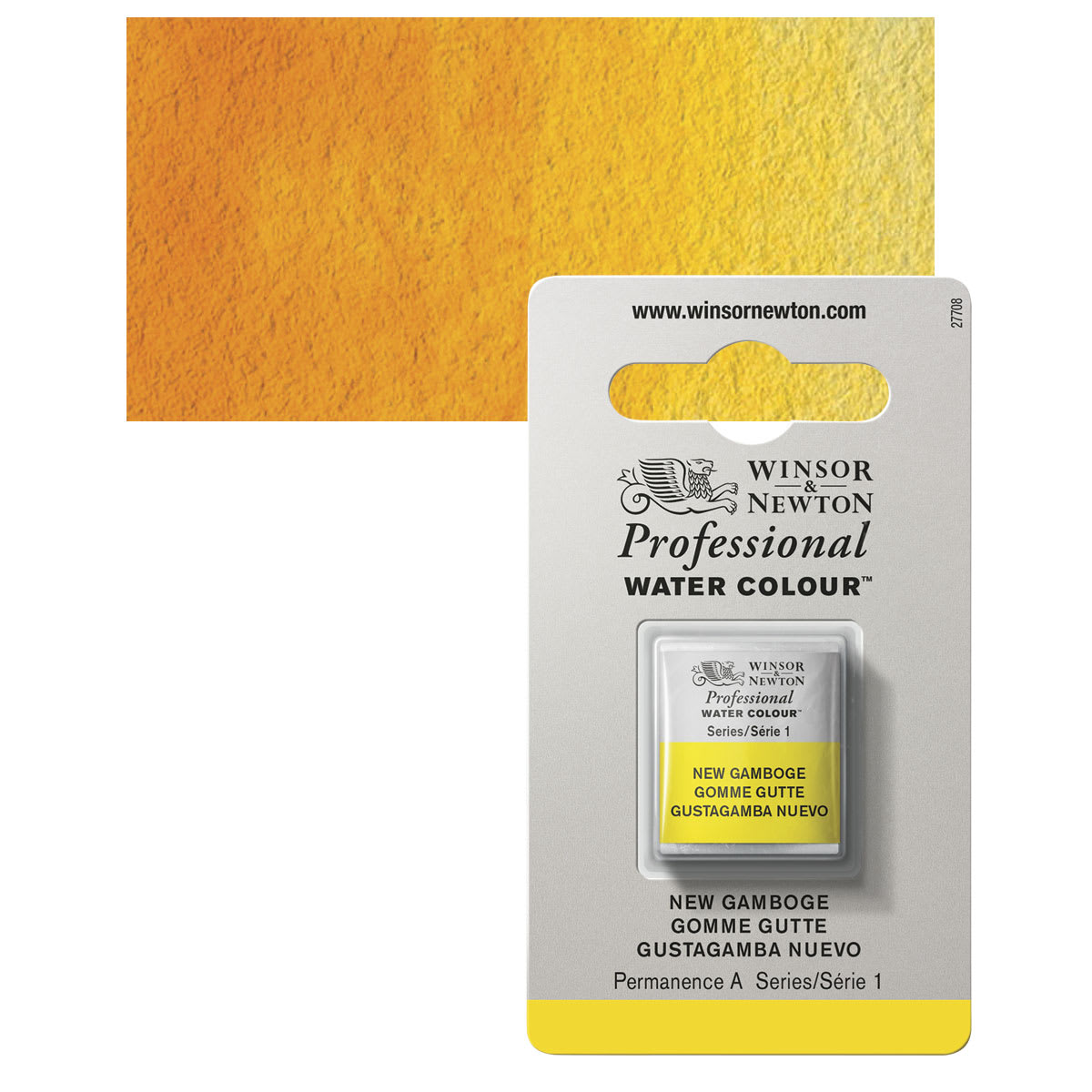 Winsor & Newton Professional Watercolor - New Gamboge, Half Pan and swatch