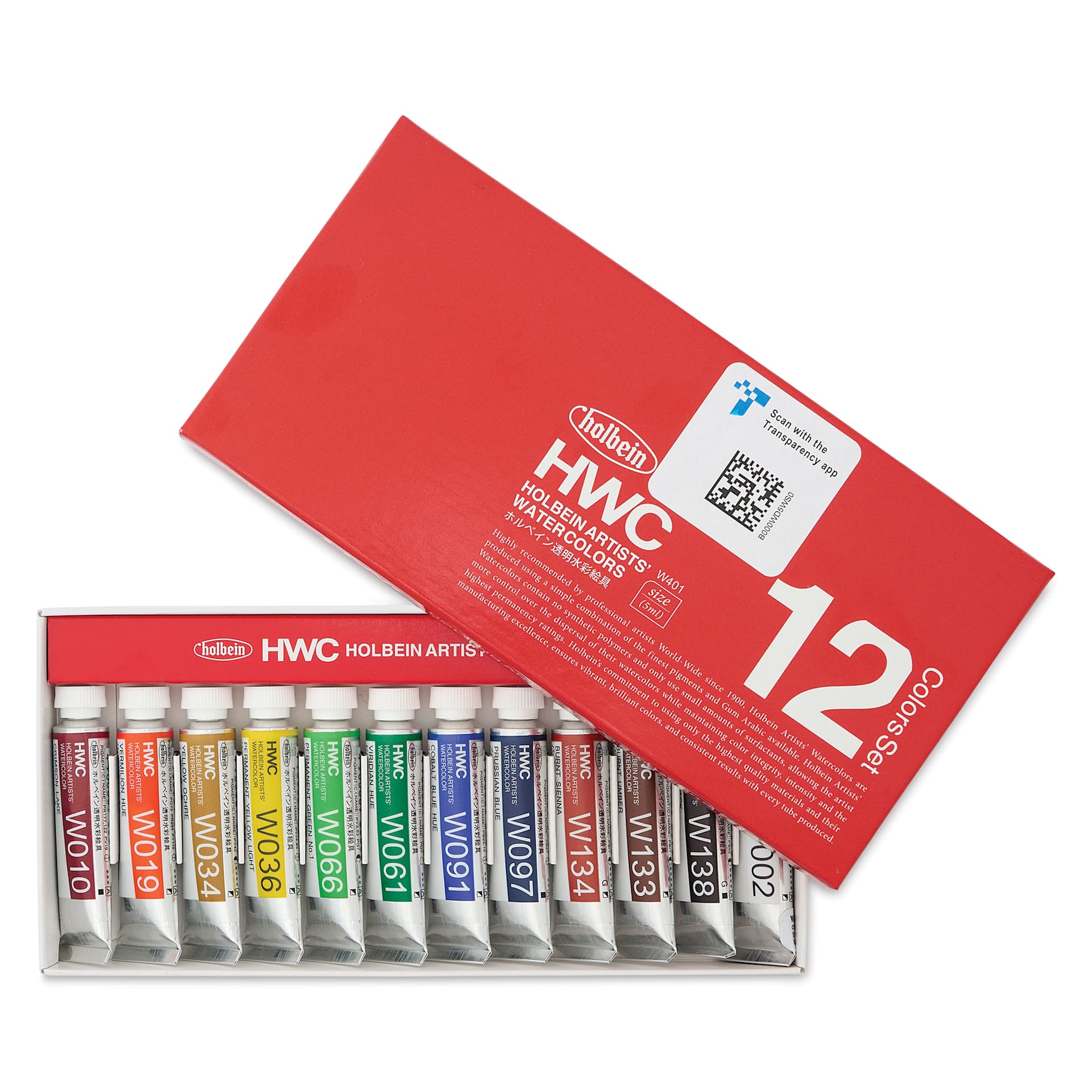 Front of package of the Holbein Artists' Watercolors - Set of 12, Assorted Colors with lid partially off.