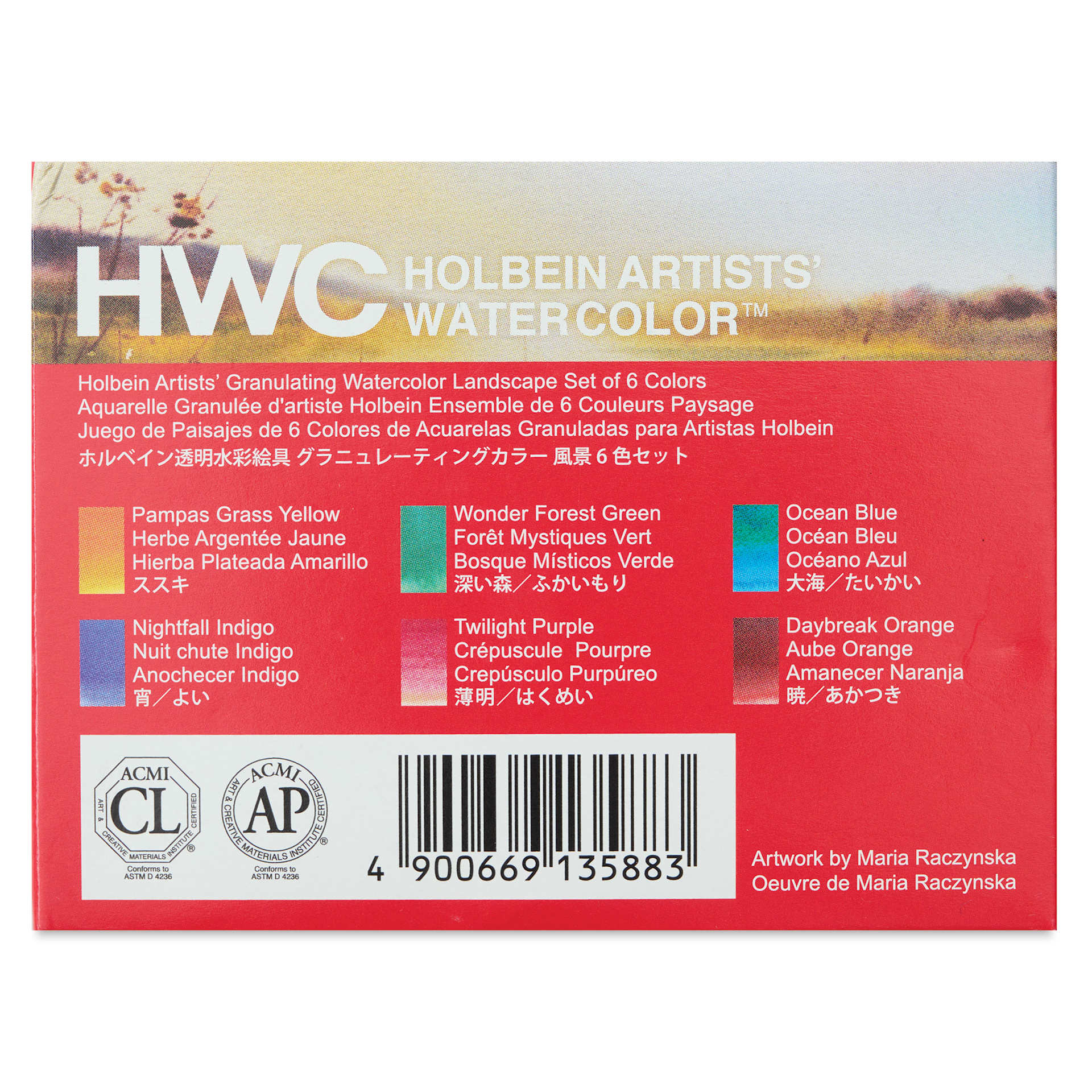 Holbein Artists' Watercolors- Set of 6, Granulating, Landscape, 5 ml back of package