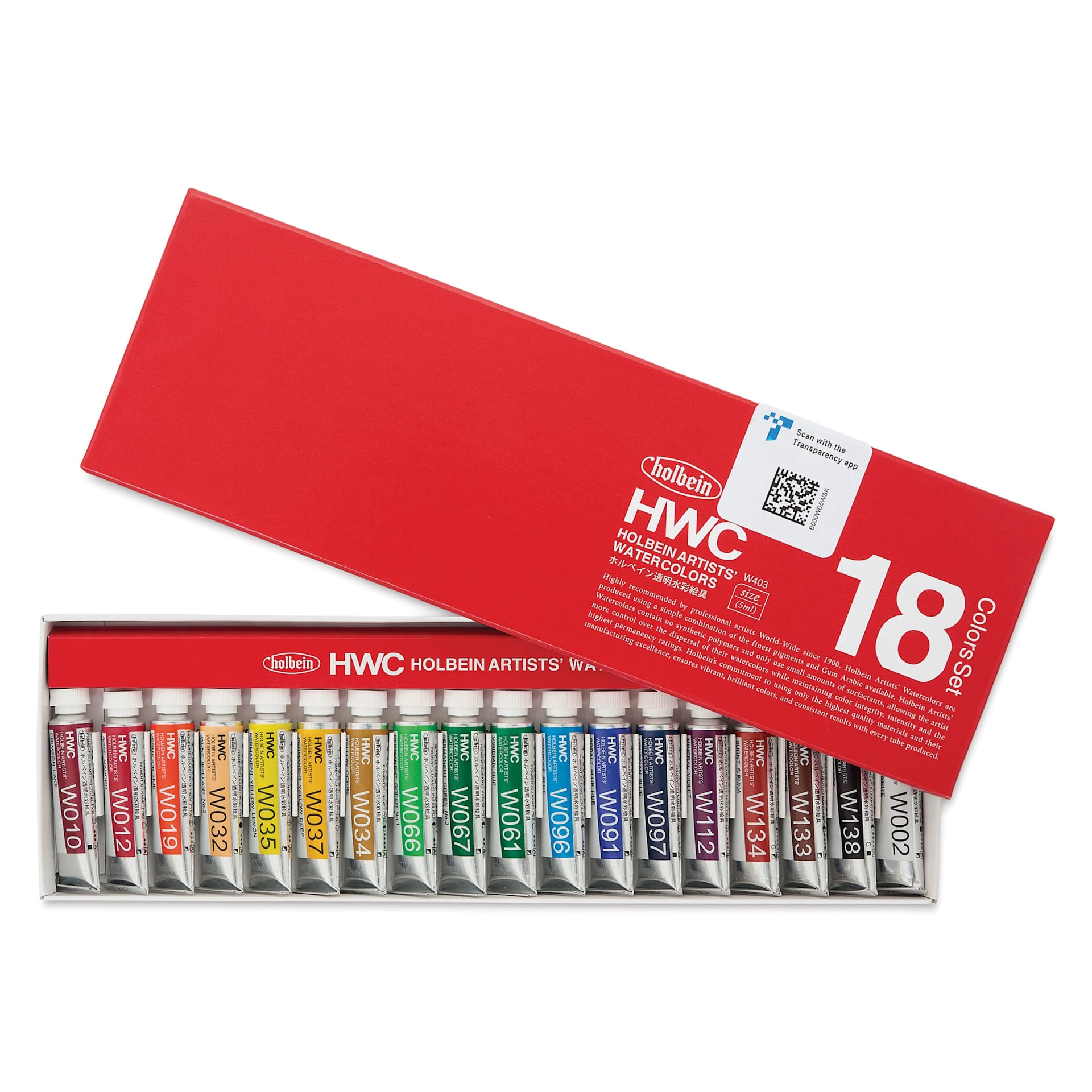 Front of the package of Holbein Artists' Watercolors - Set of 18, Assorted Colors, 5 ml Tubes partially open.