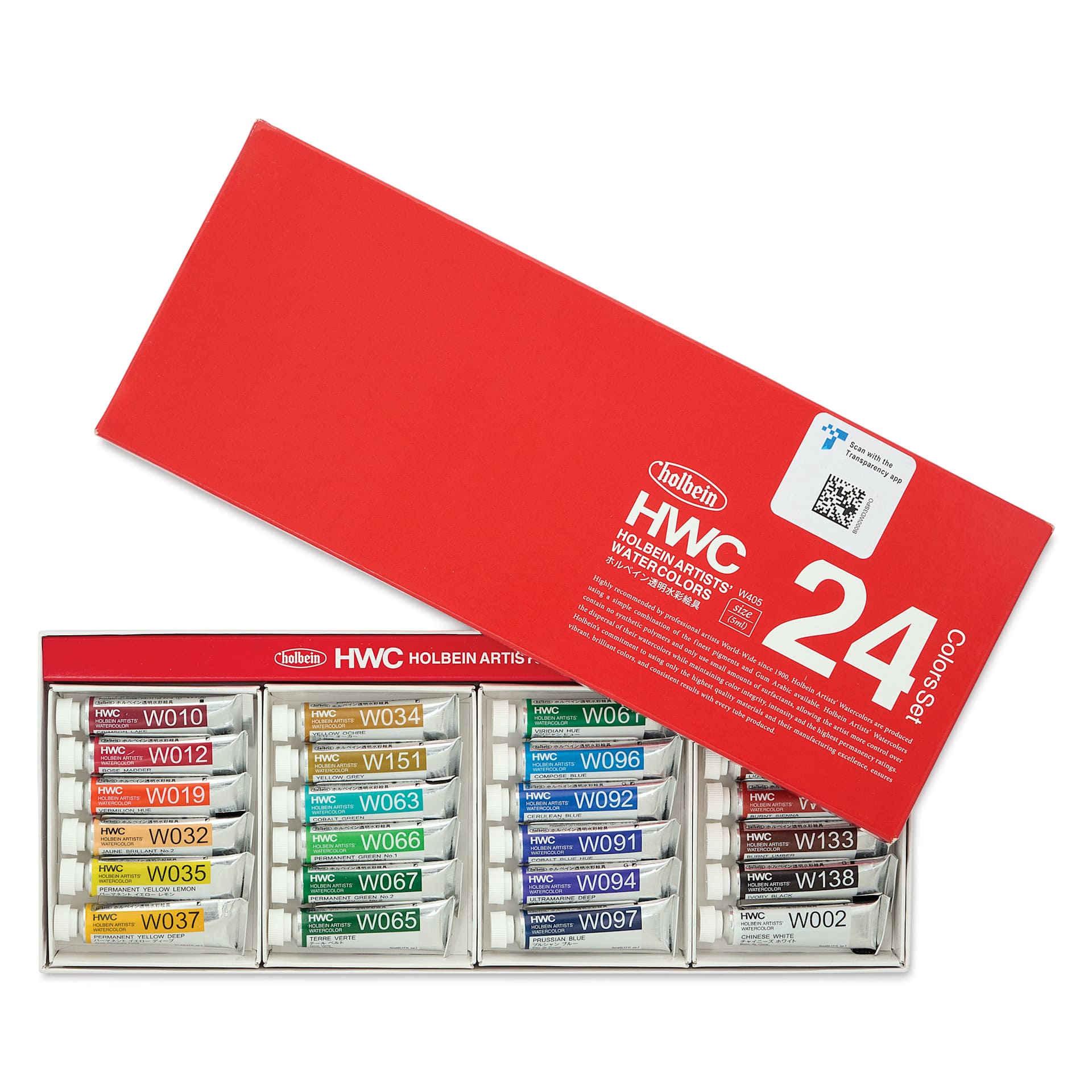 Front of Holbein Artists' Watercolors - Set of 24, Assorted Colors, 5 ml Tubes with the lid partially open.
