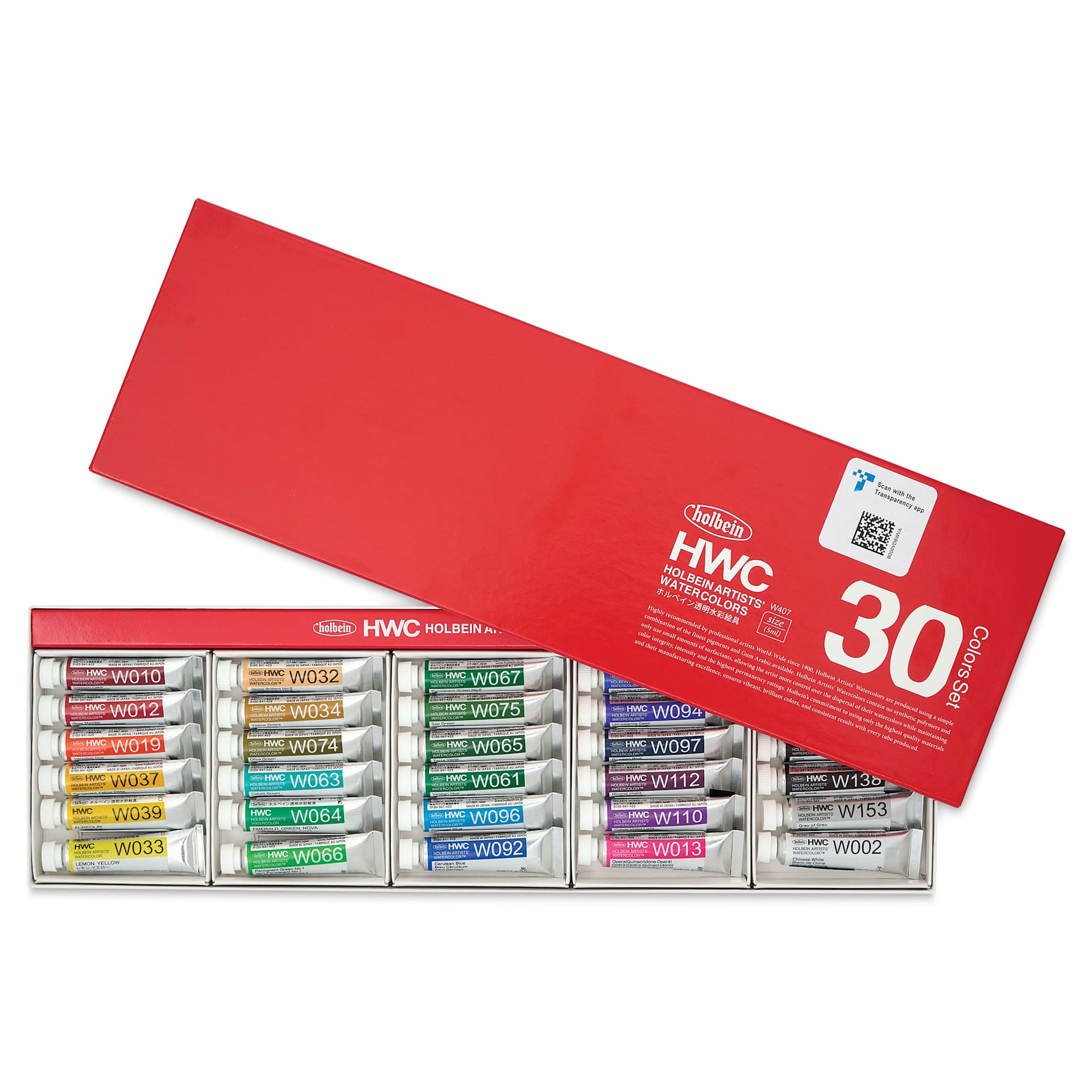 Front of Holbein Artists' Watercolors - Set of 30, Assorted Colors, 5 ml Tubes with lid partially off.