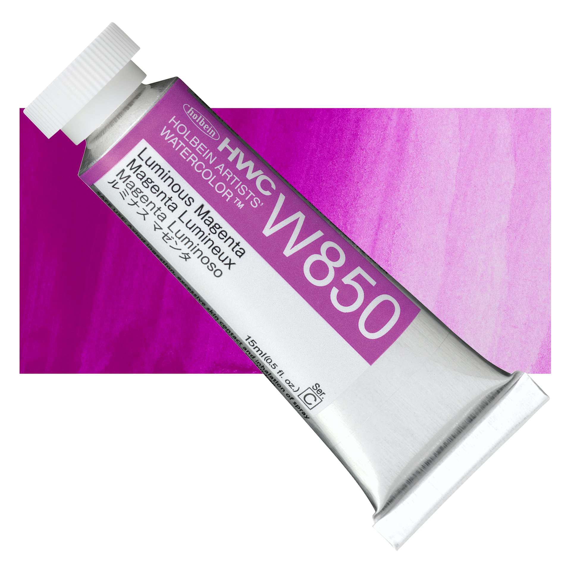 Holbein Artists' Watercolor - Luminous Magenta, 15 ml Tube and swatch