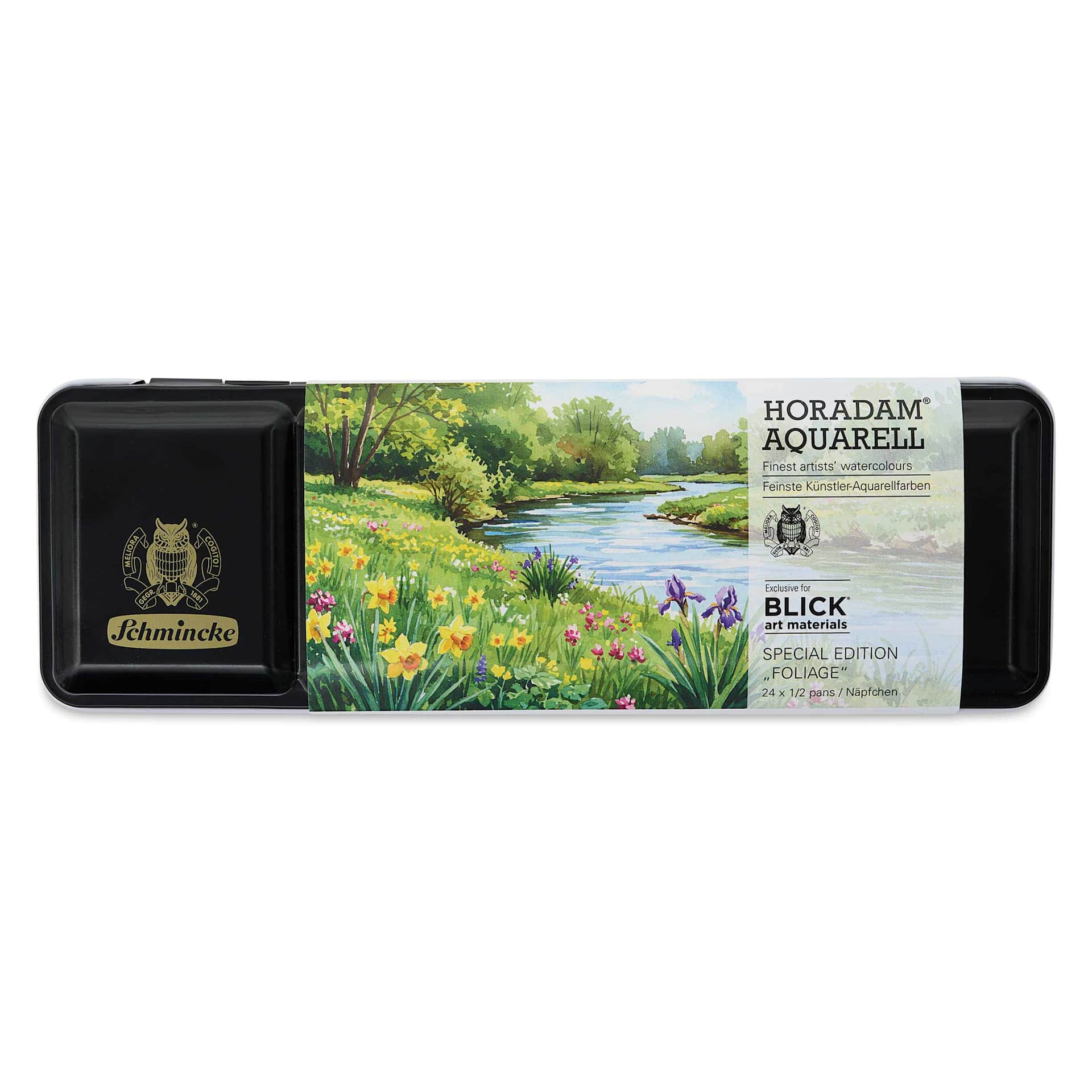 Front of packaging for Schmincke Horadam Aquarell Watercolor Blick Exclusive! Set of 24, Foliage, Half Pans