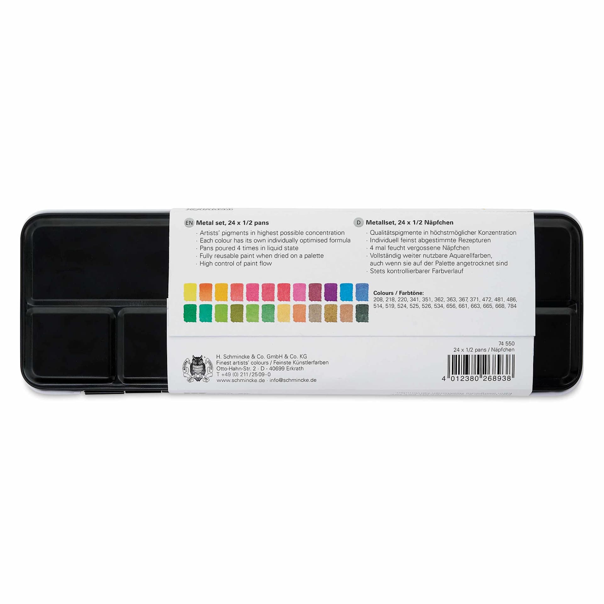 Back of package for Schmincke Horadam Aquarell Watercolors Blick Exclusive! Set of 24, Foliage, Half Pans
