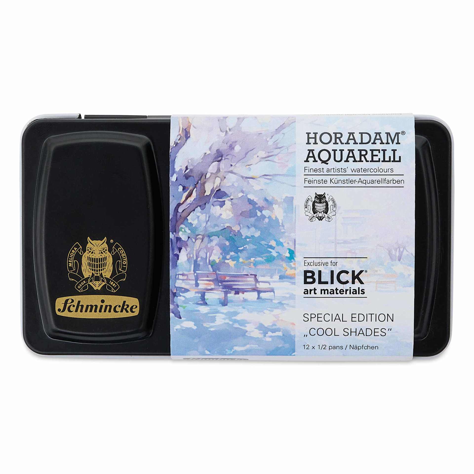 Front of packaging for Schmincke Horadam Aquarell Watercolor Pans - Blick Exclusive! Set of 12, Spring and Winter, Half Pans