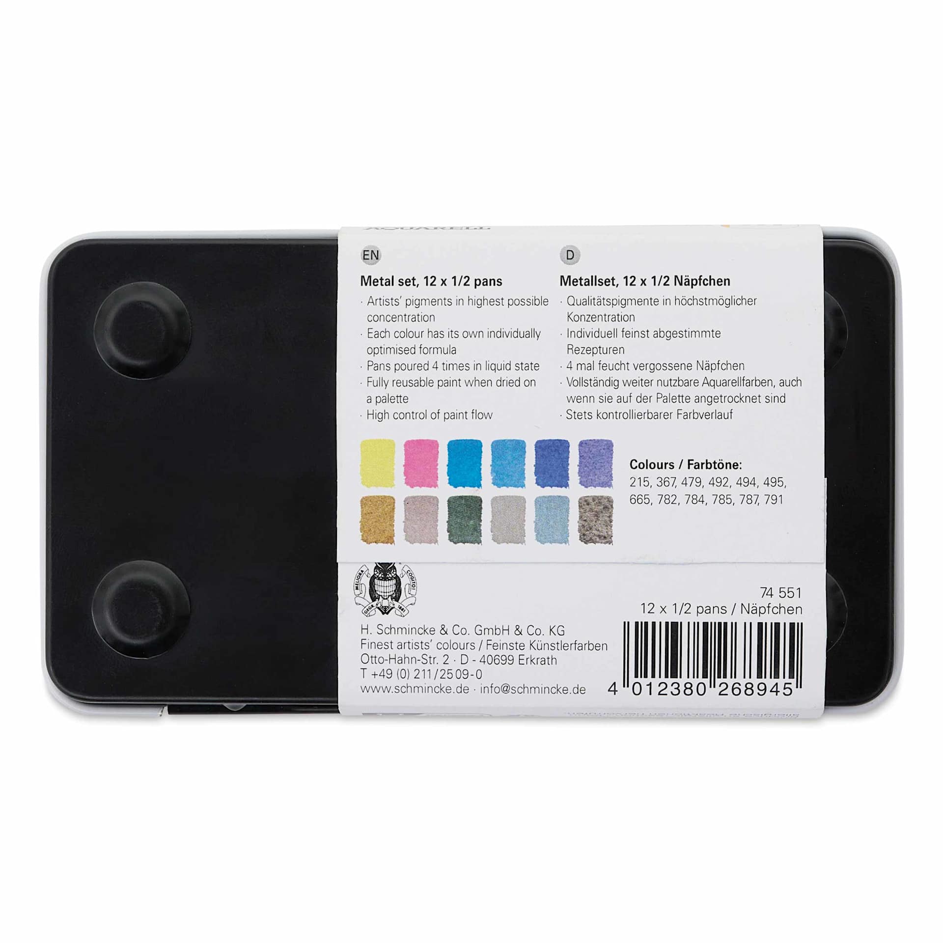 Back of packaging for Schmincke Horadam Aquarell Watercolor Pans - Blick Exclusive! Set of 12, Spring and Winter, Half Pans