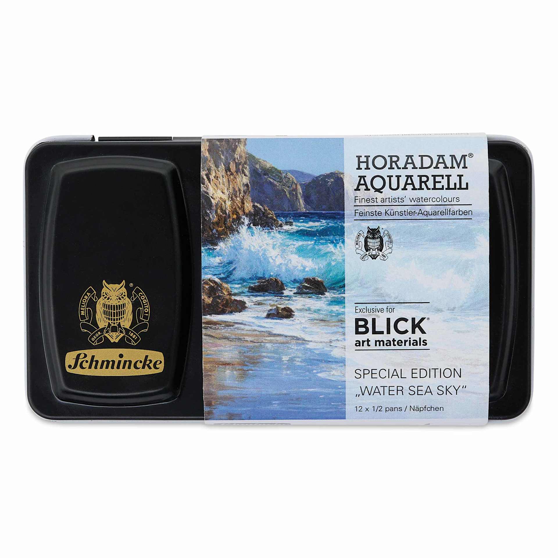 Front of packaging for Schmincke Horadam Aquarell Watercolos Blick Exclusive! Set of 12, Water, Seas, and Skies, Half Pans