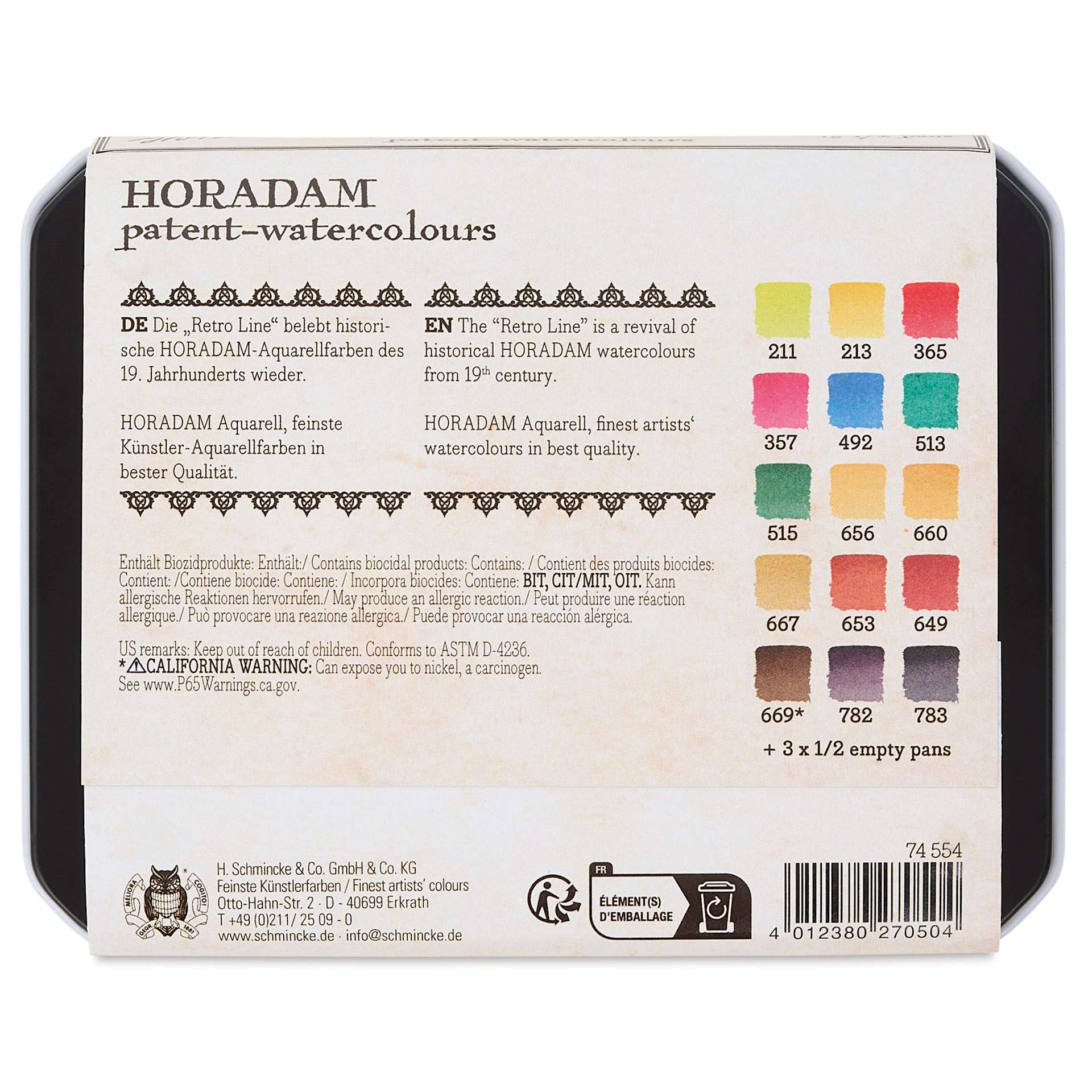 Back of package for Blick Exclusive! Schmincke Horadam Aquarell Watercolor Pans - Set of 15, Retro I , Half Pans