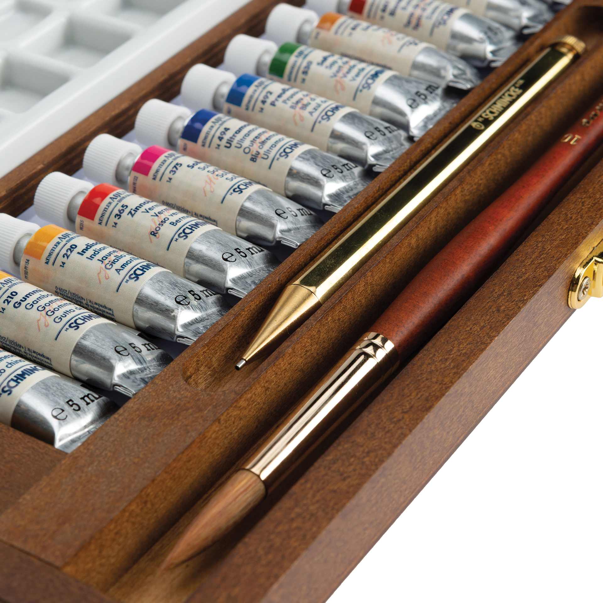 Schmincke Horadam Aquarell Artist Watercolor - Set of 12, Retro II, 5 ml Tubes close up of pencil and brush points.