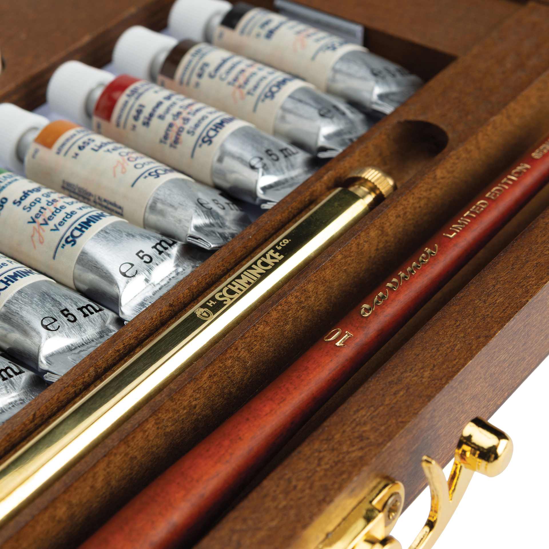 Schmincke Horadam Aquarell Artist Watercolor - Set of 12, Retro II, 5 ml Tubes close up of embossing on pencil and brush.