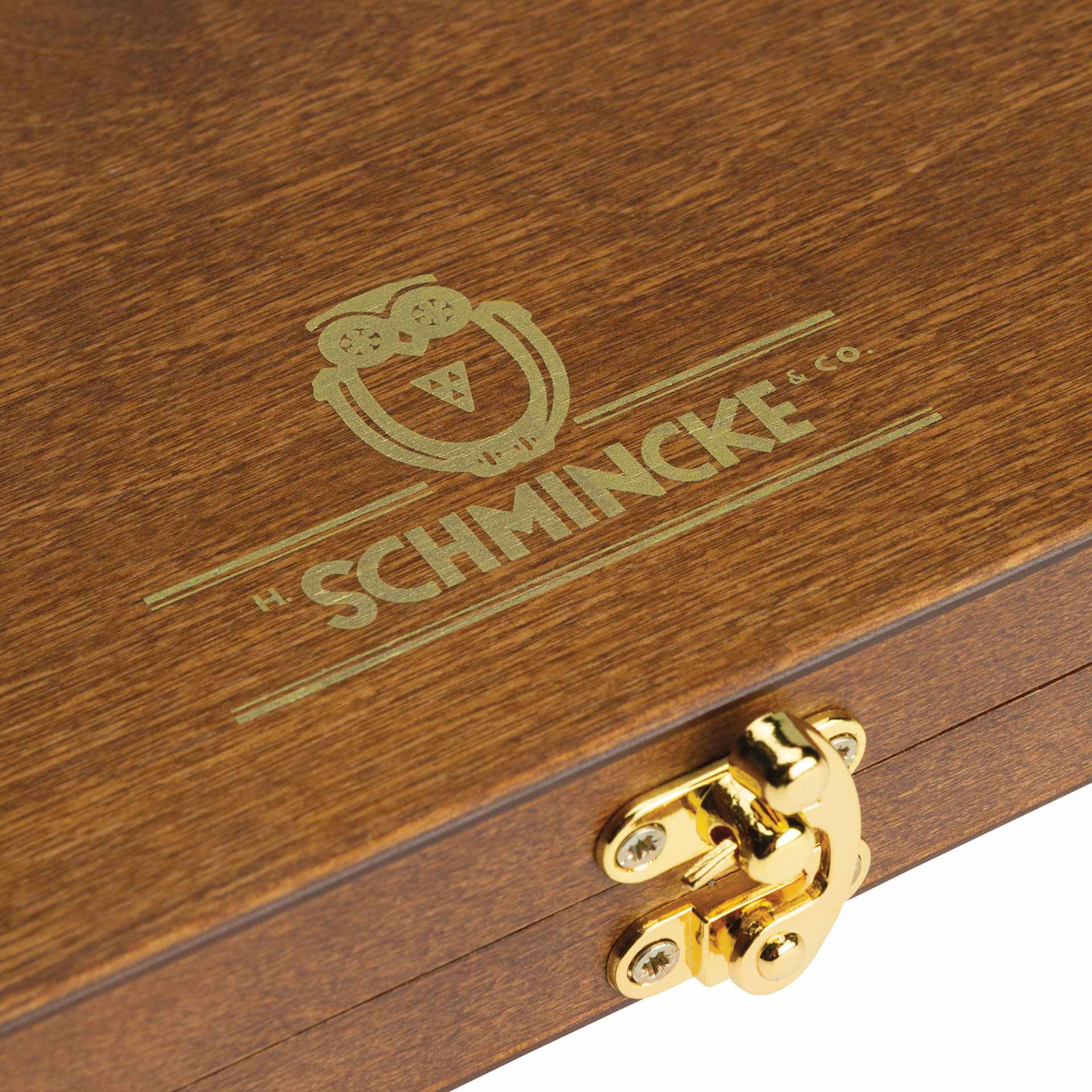 Schmincke Horadam Aquarell Artist Watercolor - Set of 12, Retro II, 5 ml Tubes close up of latch and icon on wood case