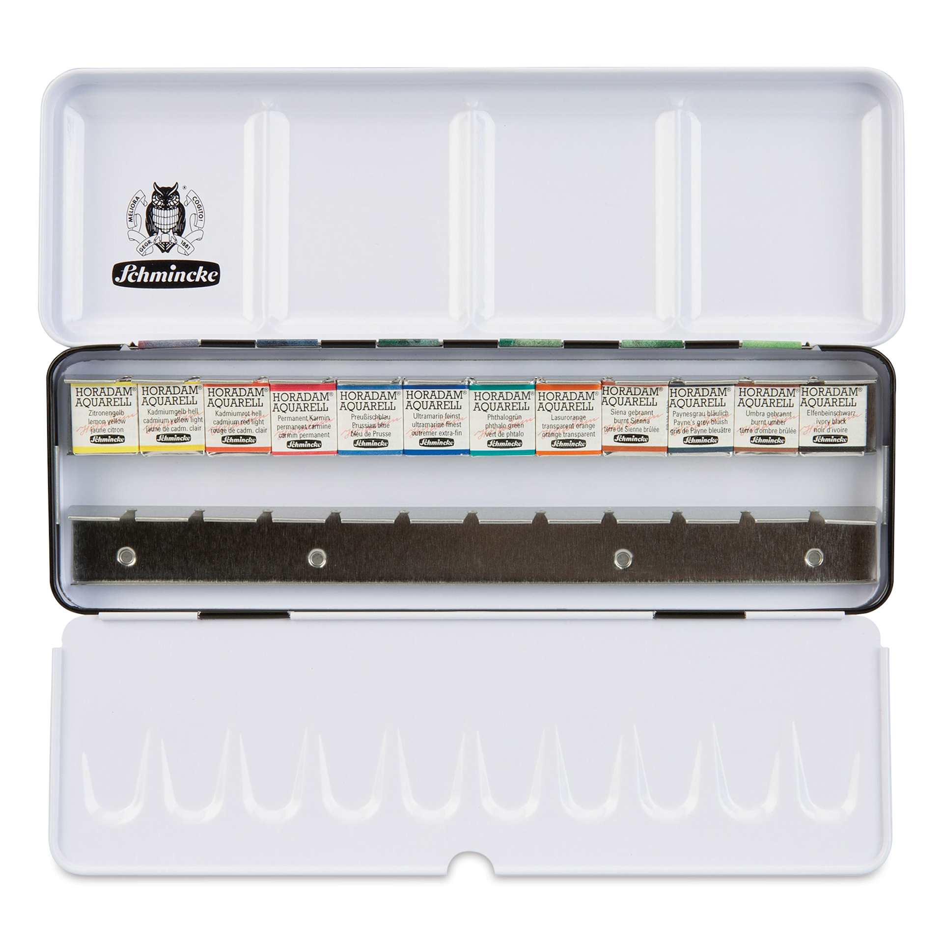 Schmincke Horadam Aquarell Watercolor Pans - __Blick Exclusive!__ Set of 12 Graphic Tin, Half Pans (open showing pans)