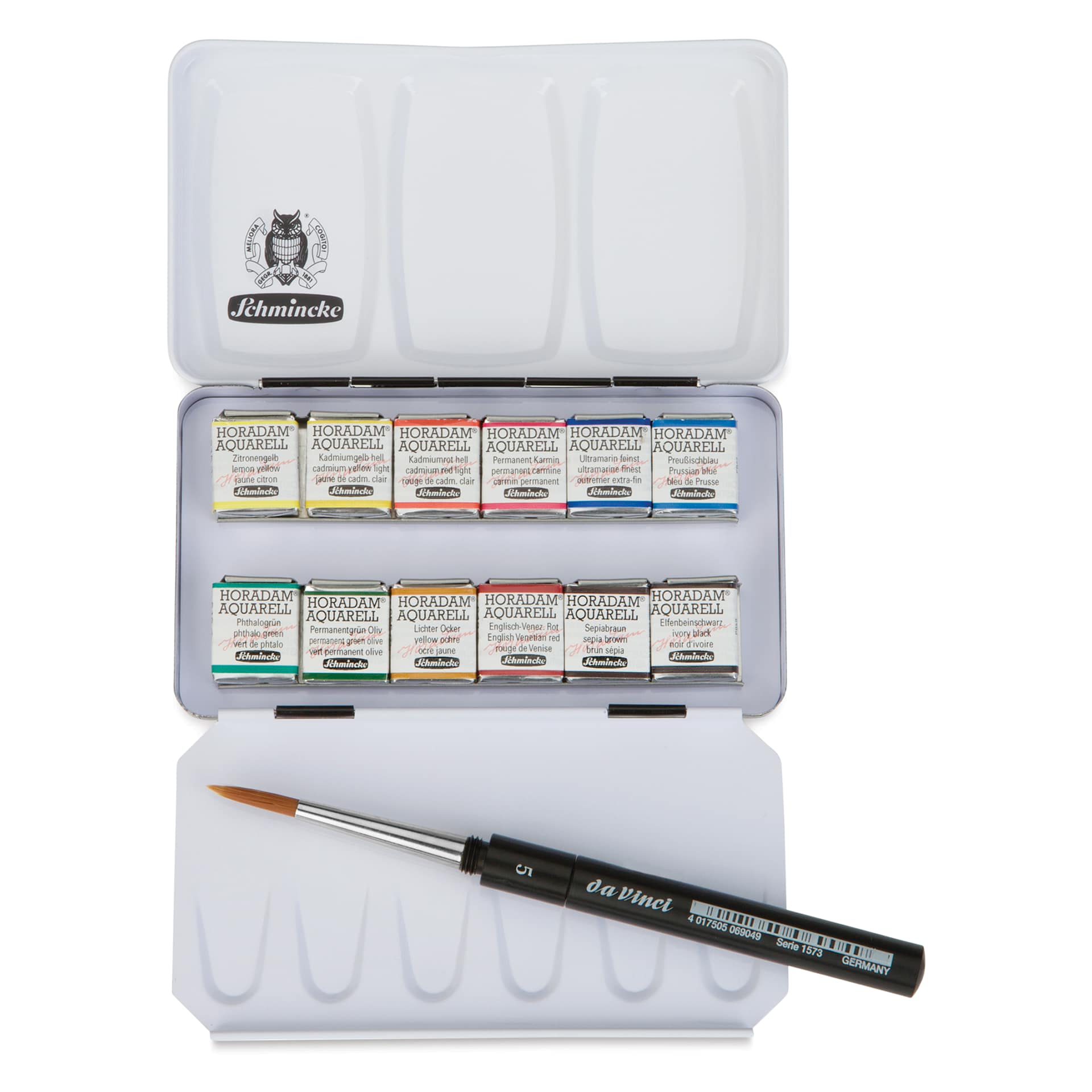 Schmincke Horadam Aquarell Watercolor Pans - Set of 12 with Travel Brush, pan open