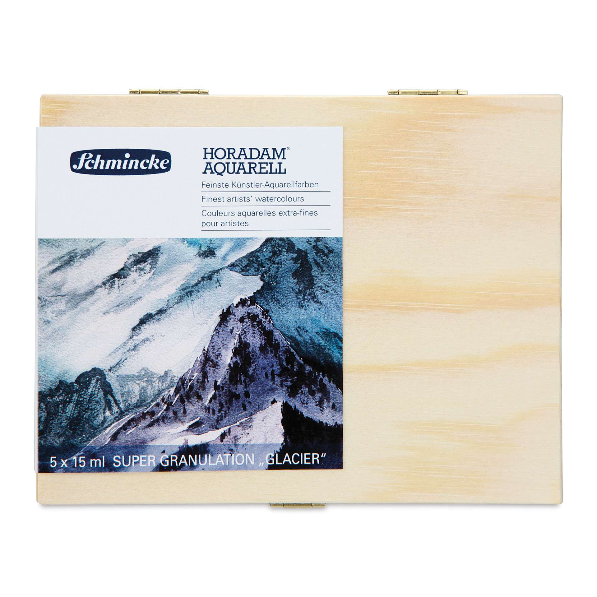 Schmincke Horadam Aquarell Artist Watercolor - Glacier, Supergranulation, Wood Box, Set of 5, 15 ml, Tubes (Front of case)