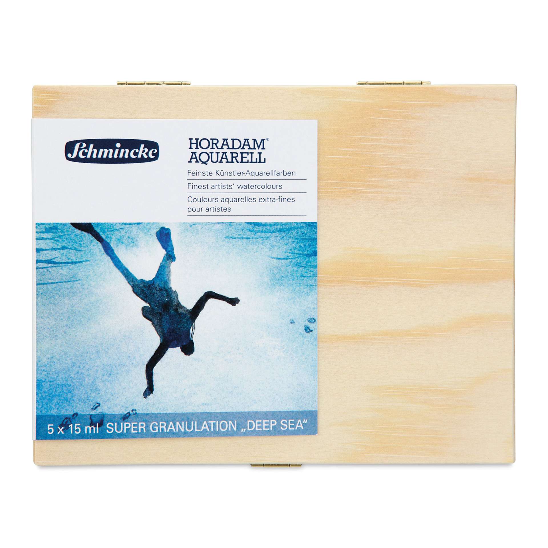 Schmincke Horadam Aquarell Artist Watercolor - Deep Sea, Supergranulation, Wood Box, Set of 5, 15 ml, Tubes (Front of case)
