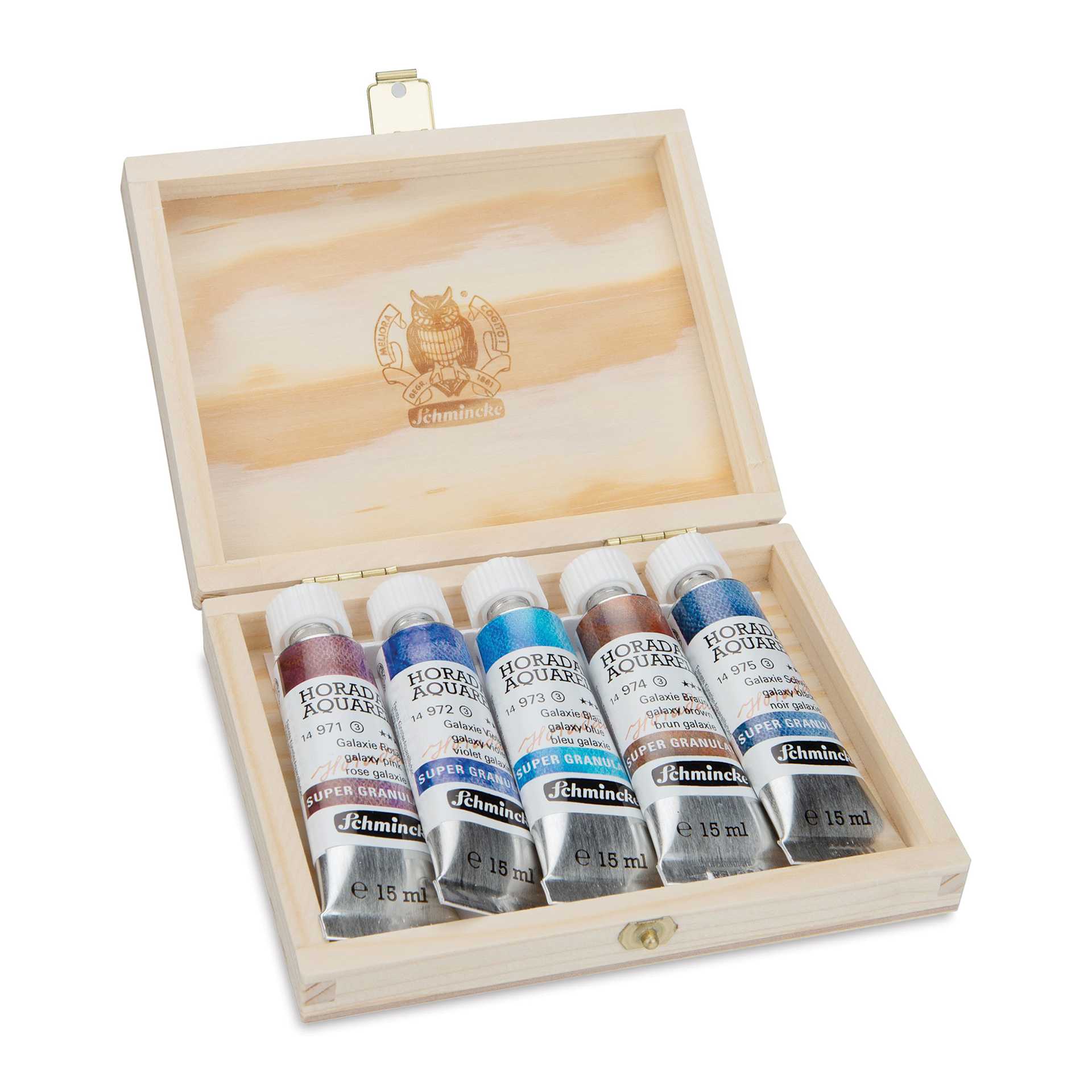 Schmincke Horadam Aquarell Artist Watercolor - Galaxy, Supergranulation, Wood Box, Set of 5, 15 ml, Tubes (Tubes in case, Lid open)