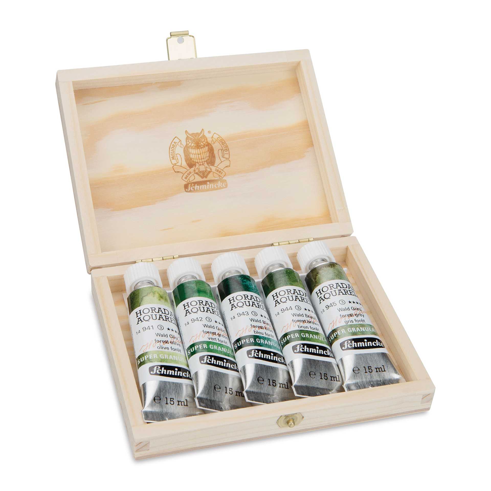 Schmincke Horadam Aquarell Artist Watercolor - Forest, Supergranulation, Wood Box, Set of 5, 15 ml, Tubes (Tubes in case, Lid open)