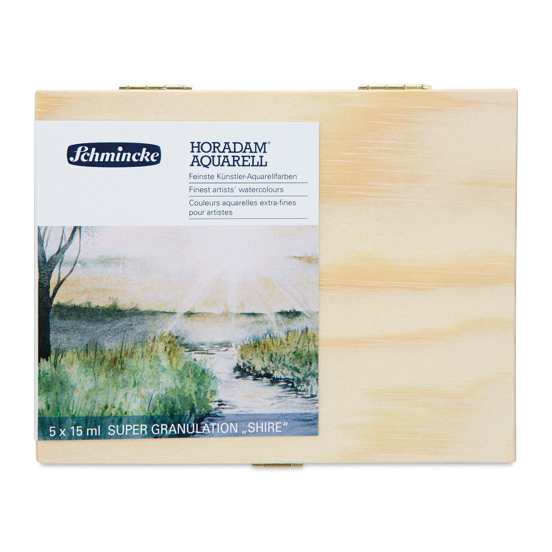 Schmincke Horadam Aquarell Artist Watercolor - Shire, Supergranulation, Wood Box, Set of 5, 15 ml, Tubes (Front of case)