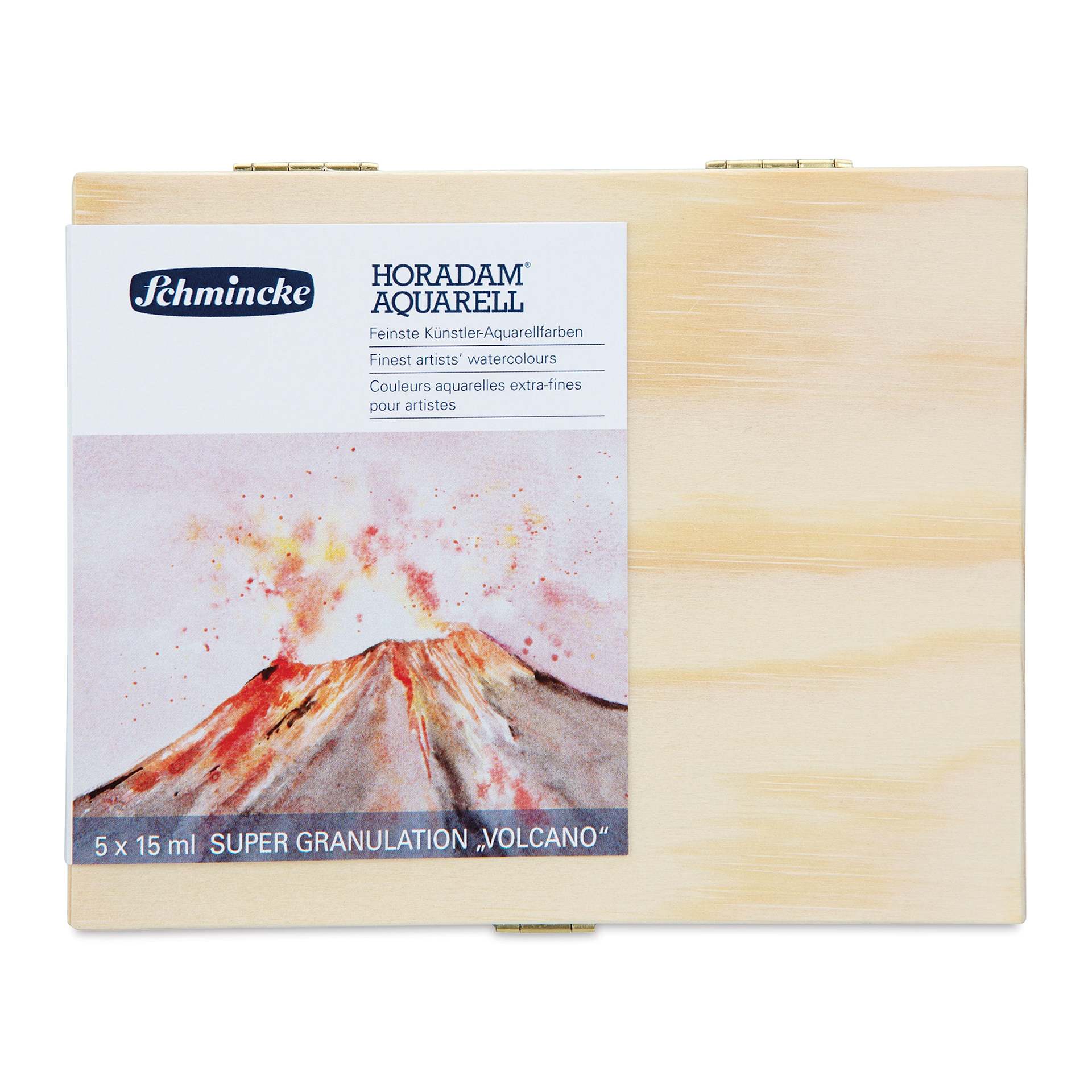 Schmincke Horadam Aquarell Artist Watercolor - Volcano, Supergranulation, Wood Box, Set of 5, 15 ml, Tubes (Front of case)