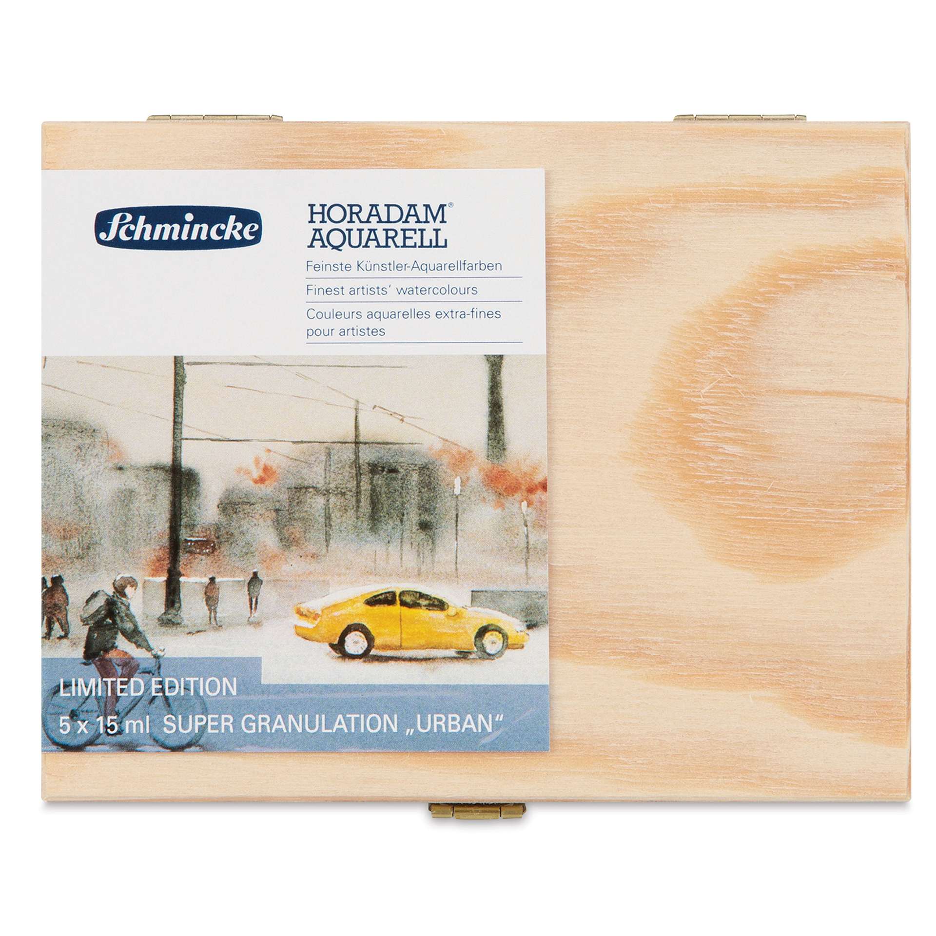 Schmincke Horadam Aquarell Artist Watercolor - Set of 5, Supergranulation, Urban, Wood Box, 15 ml, Tubes, Front of packaging