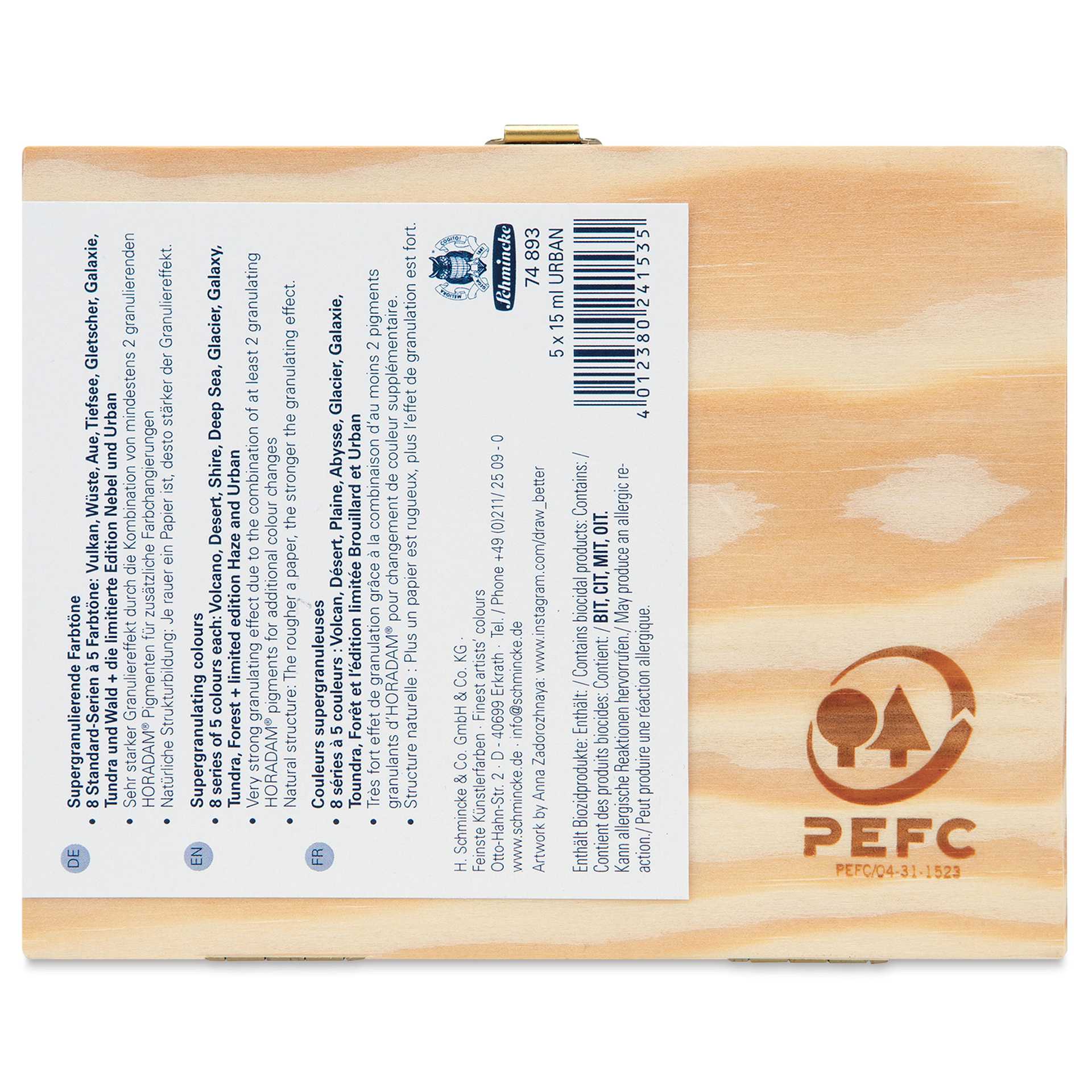 Schmincke Horadam Aquarell Artist Watercolor - Set of 5, Supergranulation, Urban, Wood Box, 15 ml, Tubes, Back of packaging