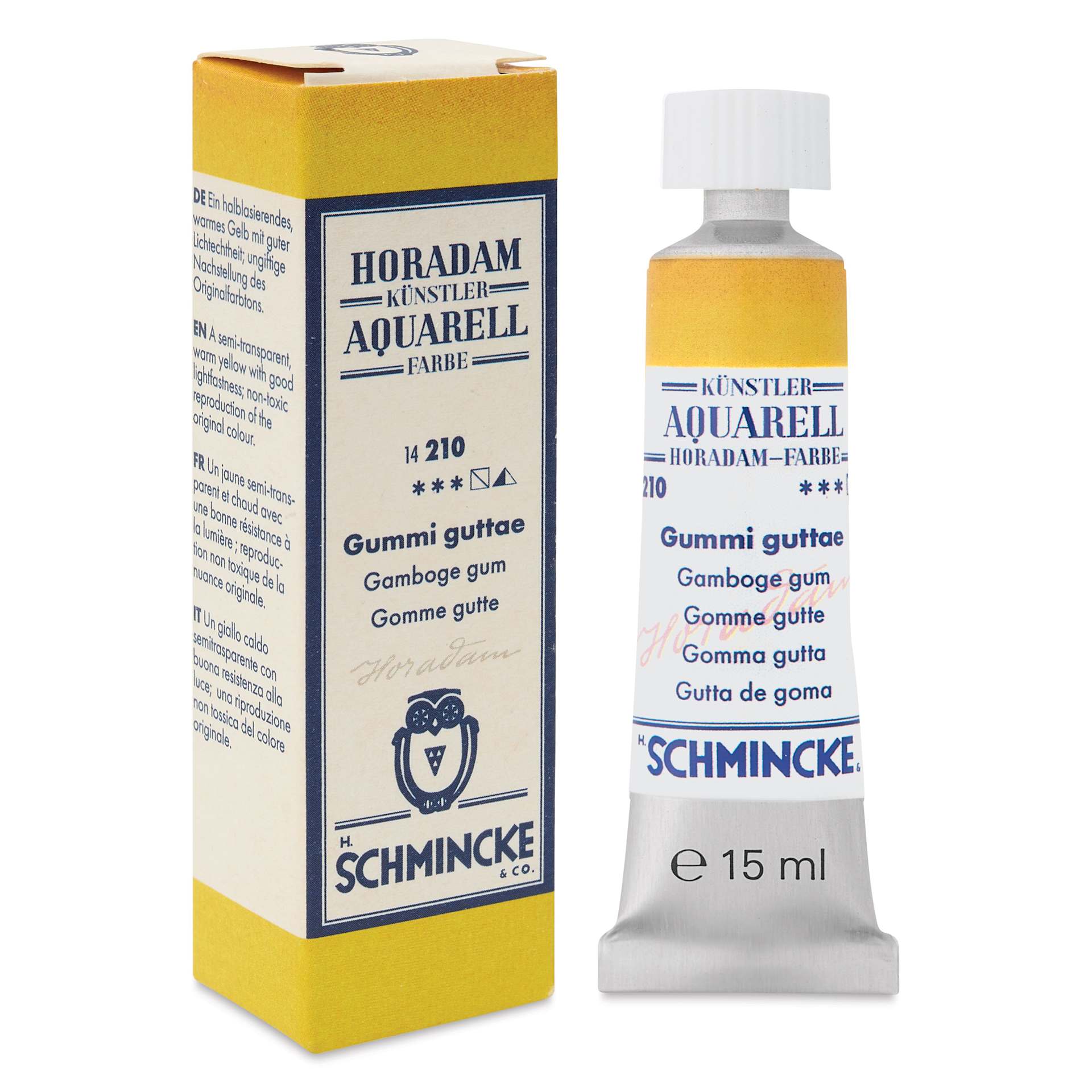 Schmincke Horadam Aquarell Artist Watercolor - Gamboge Gum, 15 ml tube and packaging