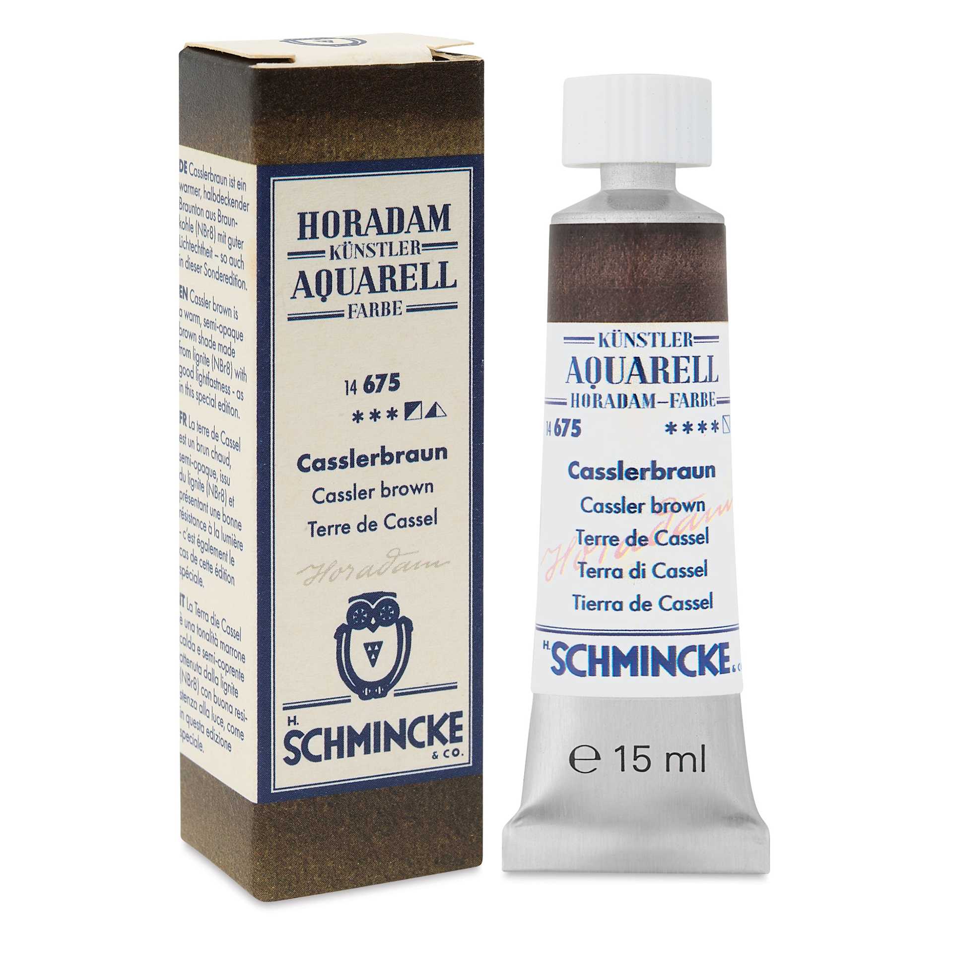 Schmincke Horadam Aquarell Artist Watercolor - Cassler Brown, 15 ml tube and packaging