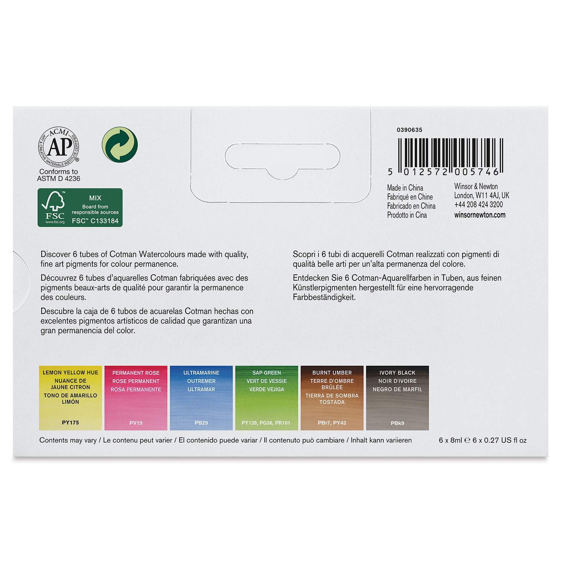 Winsor & Newton Cotman Tube Set - Set of 6 Colors (Back of package)