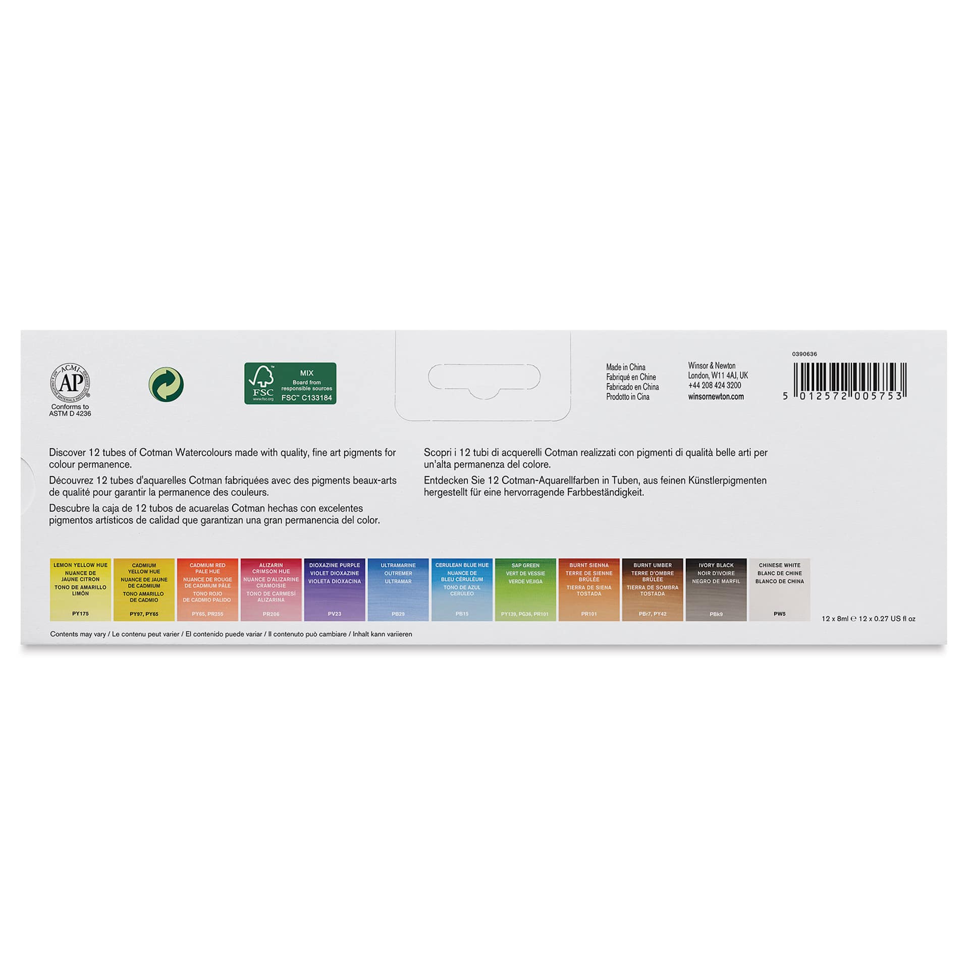 Winsor & Newton Cotman Set of 12 Tubes (Back of package)