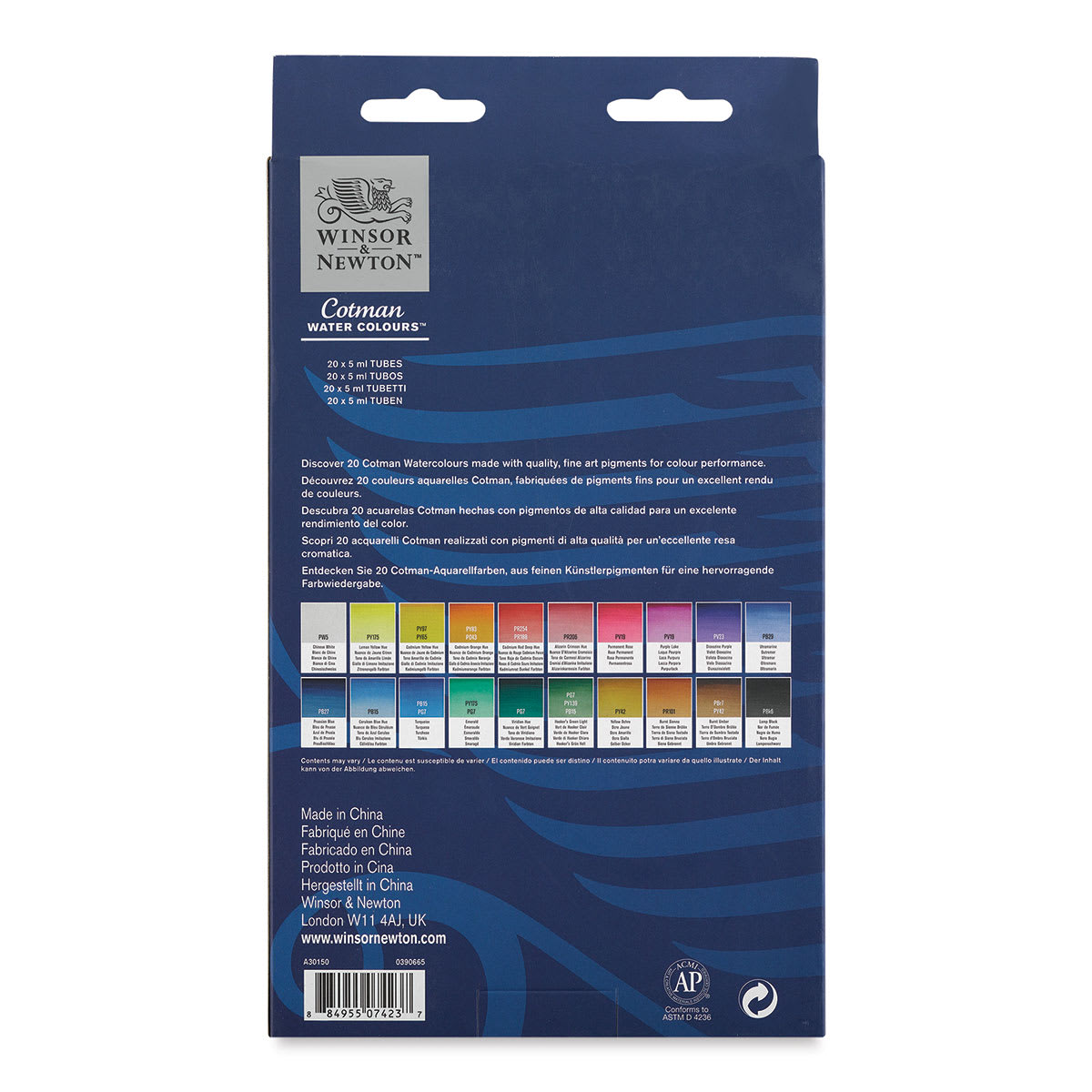 Winsor & Newton Cotman Watercolor Tube Set - Set of 20, Assorted Colors, 5 ml, Tubes (Back of packaging)