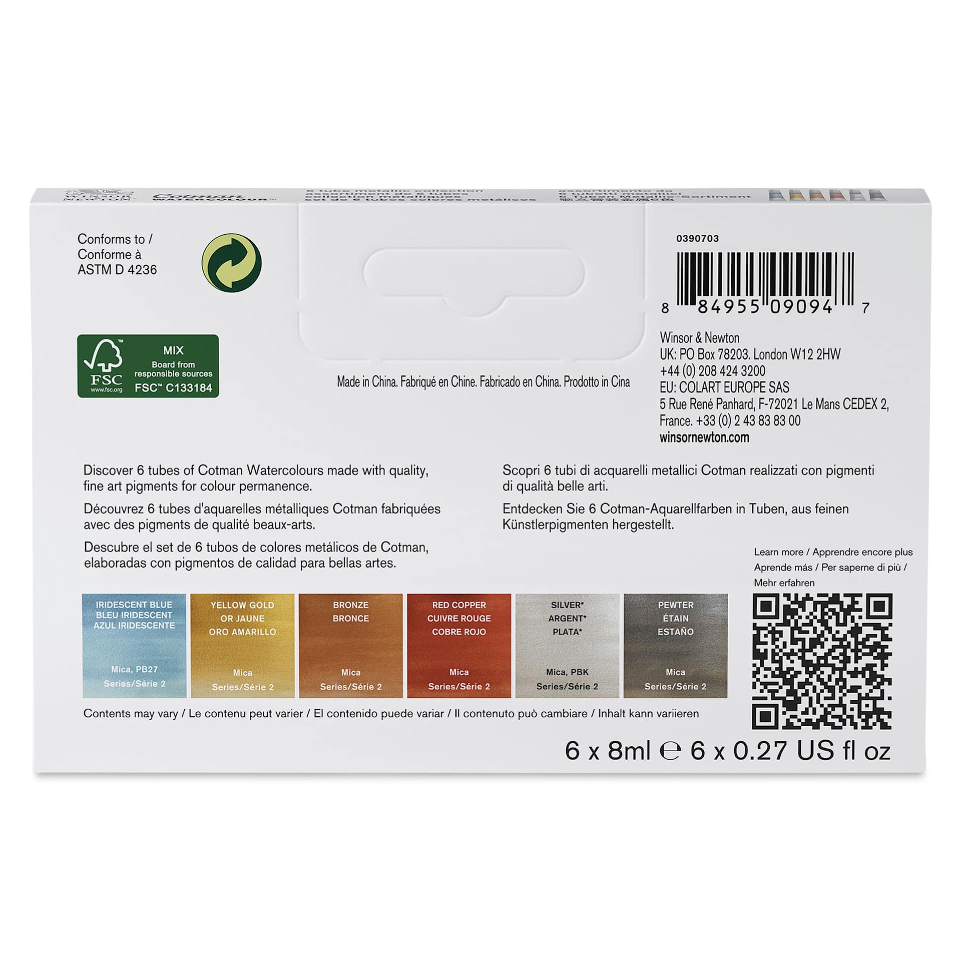 Winsor & Newton Cotman Watercolors - Set of 6, Metallic Colors, 8 ml, Tubes (Back of packaging)