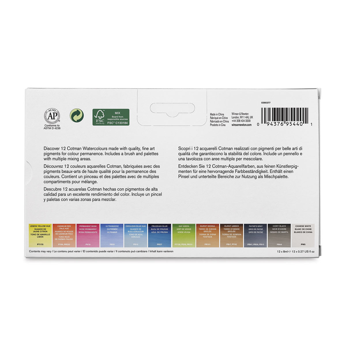 Winsor & Newton Cotman Watercolor Tube Set - Tube Travel Set, Assorted Colors, Set of 12 (Back of packaging)