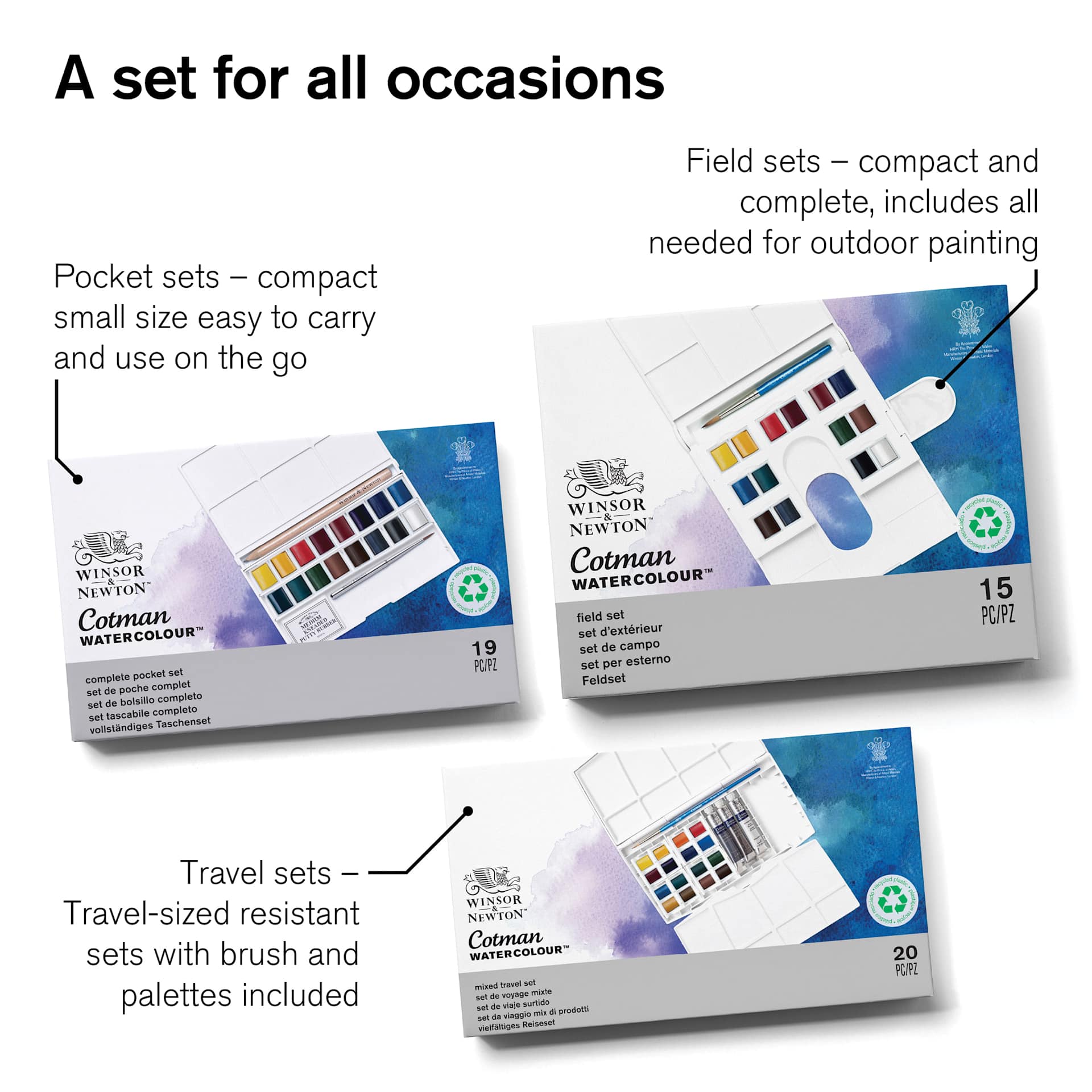 A set for all occasions. Pocket Sets - compact small size easy to carry. Field Sets - compact and complete. Travel Set - travel sized resistant sets with brush and palettes.