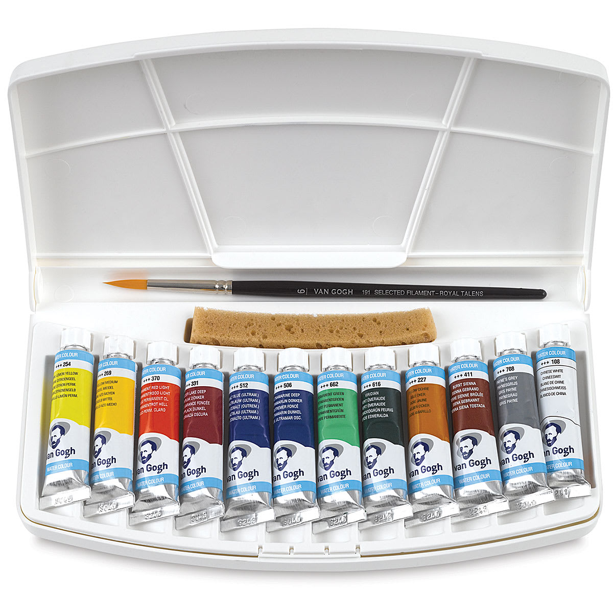 Van Gogh Watercolors Set- 12- Tube Set, inside package view with sponge, brush and palette lid
