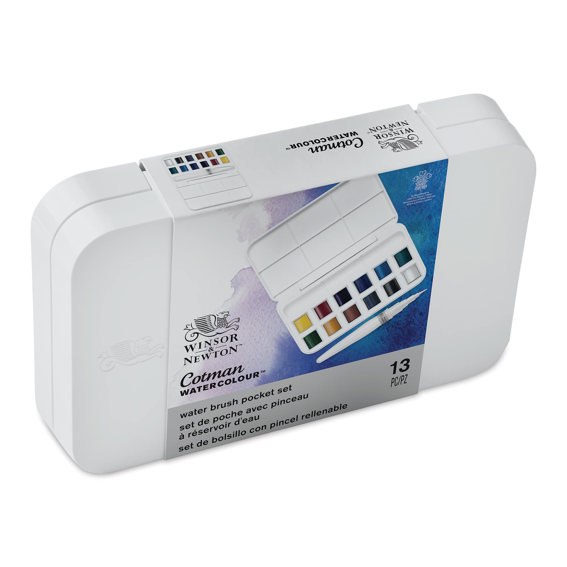 Winsor & Newton Cotman - Water Brush Pocket Set, Set of 12, Assorted Colors, Half Pans (Front of packaging, Angled view)
