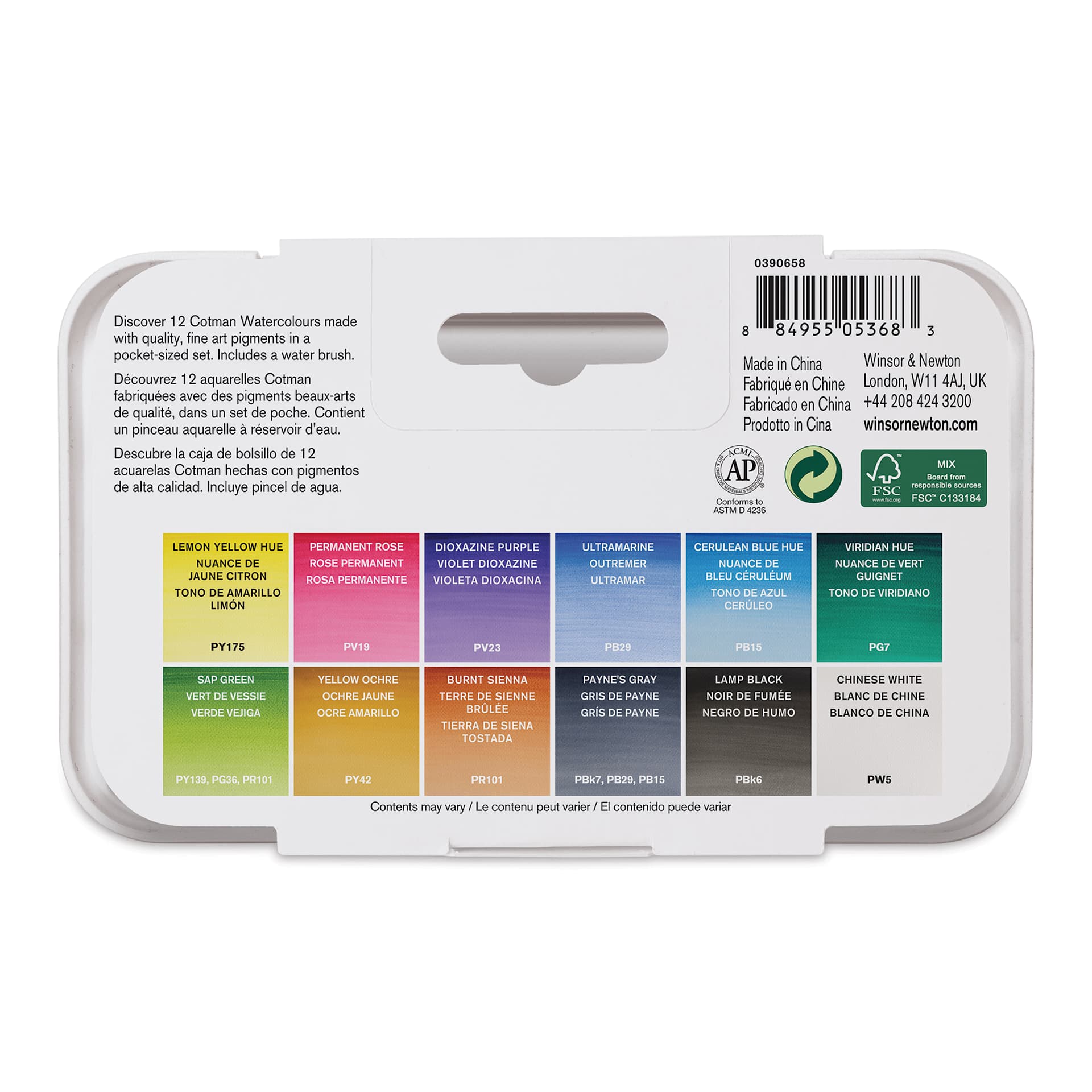 Winsor & Newton Cotman - Water Brush Pocket Set, Set of 12, Assorted Colors, Half Pans (Back of packaging)
