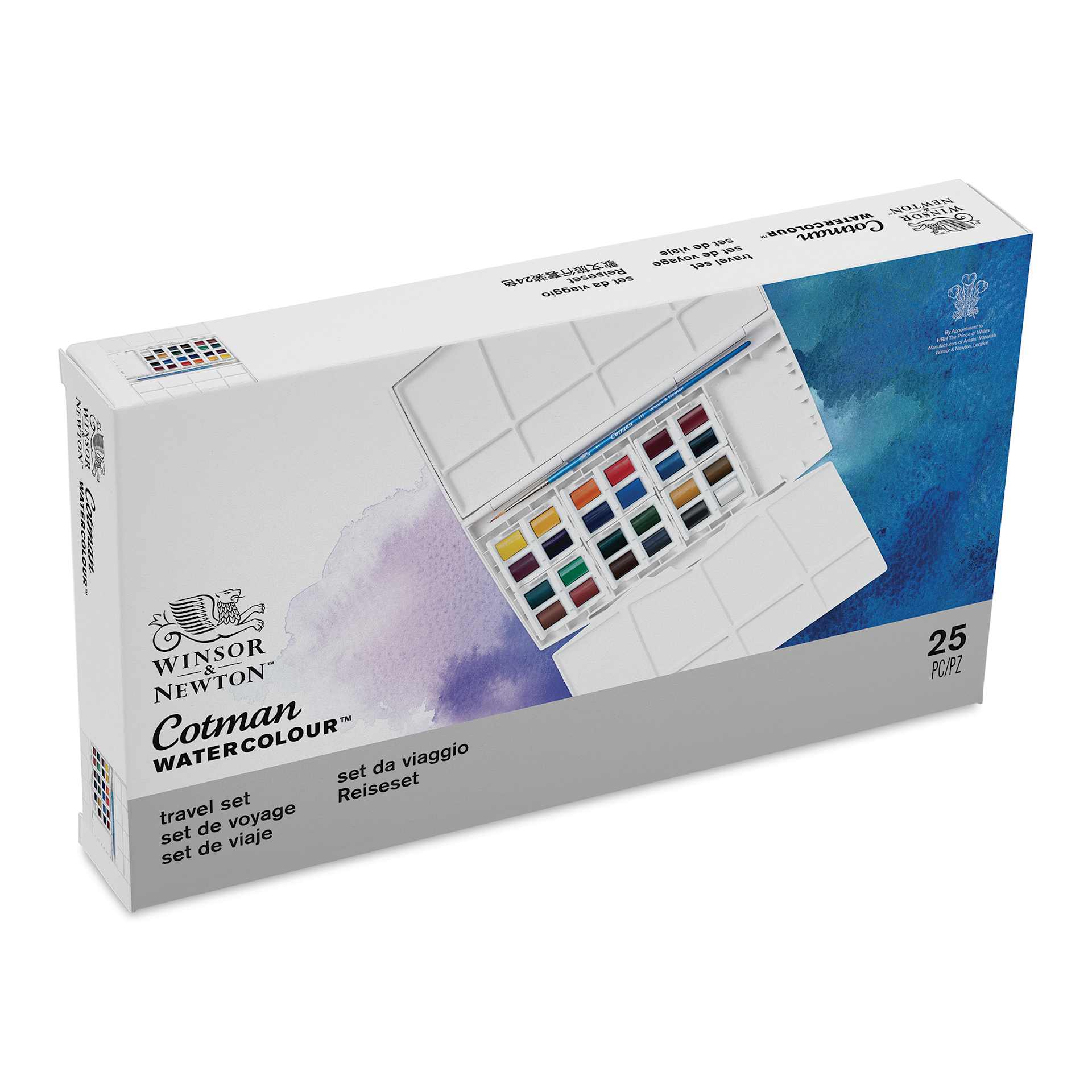 Winsor & Newton Cotman Watercolor Set - Travel Set, Set of 24, Assorted Colors, Half Pans (Front of packaging, Angled view)