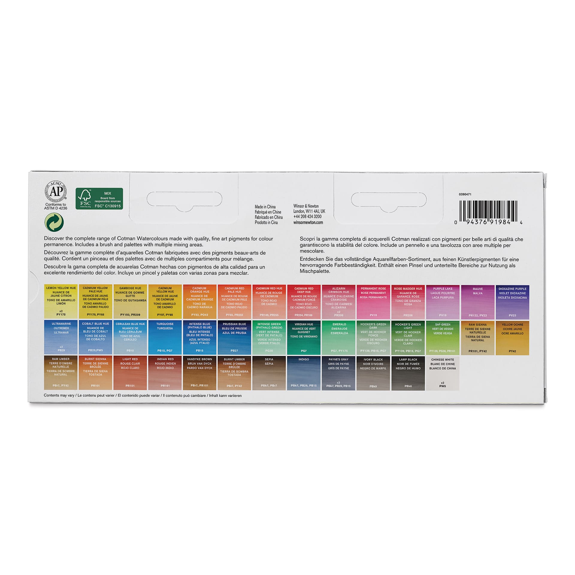 Winsor & Newton Cotman Watercolor - Studio Set, Set of 45, Assorted Colors, Half Pans (Back of packaging)