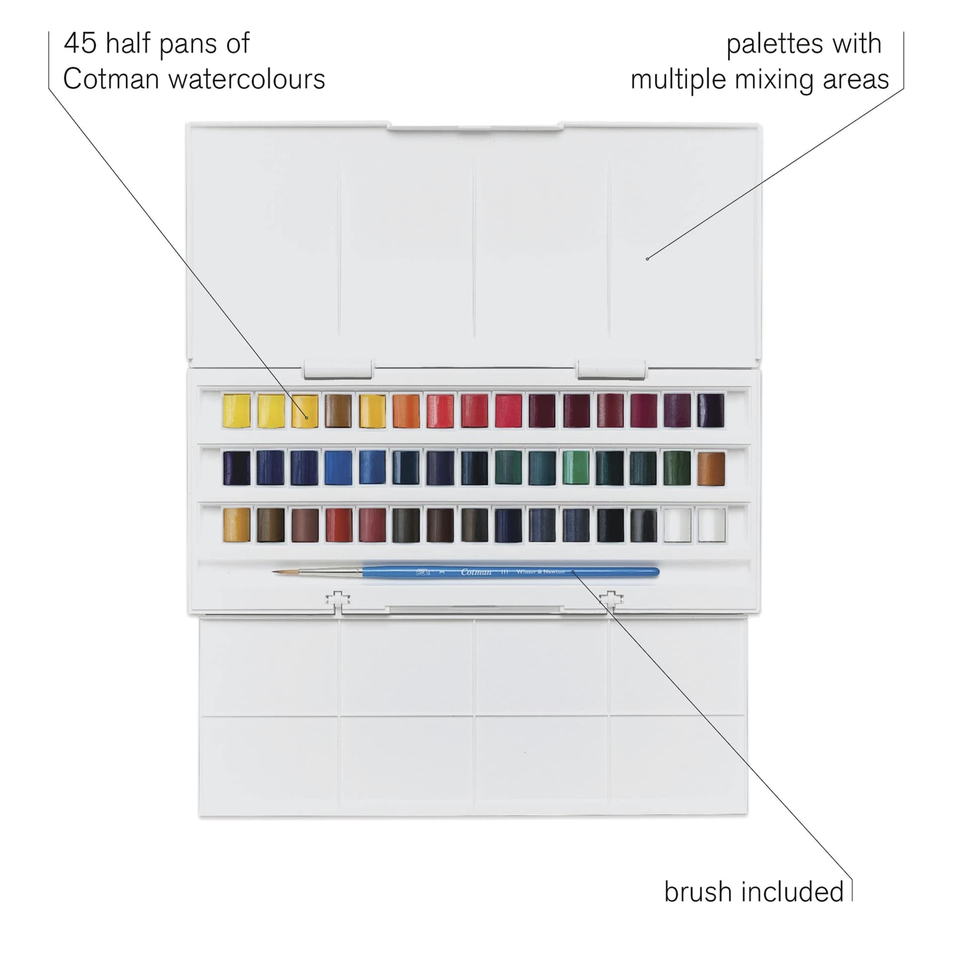 Winsor & Newton Cotman Watercolors - Studio Set of 45, Assorted Colors, Half Pans, features