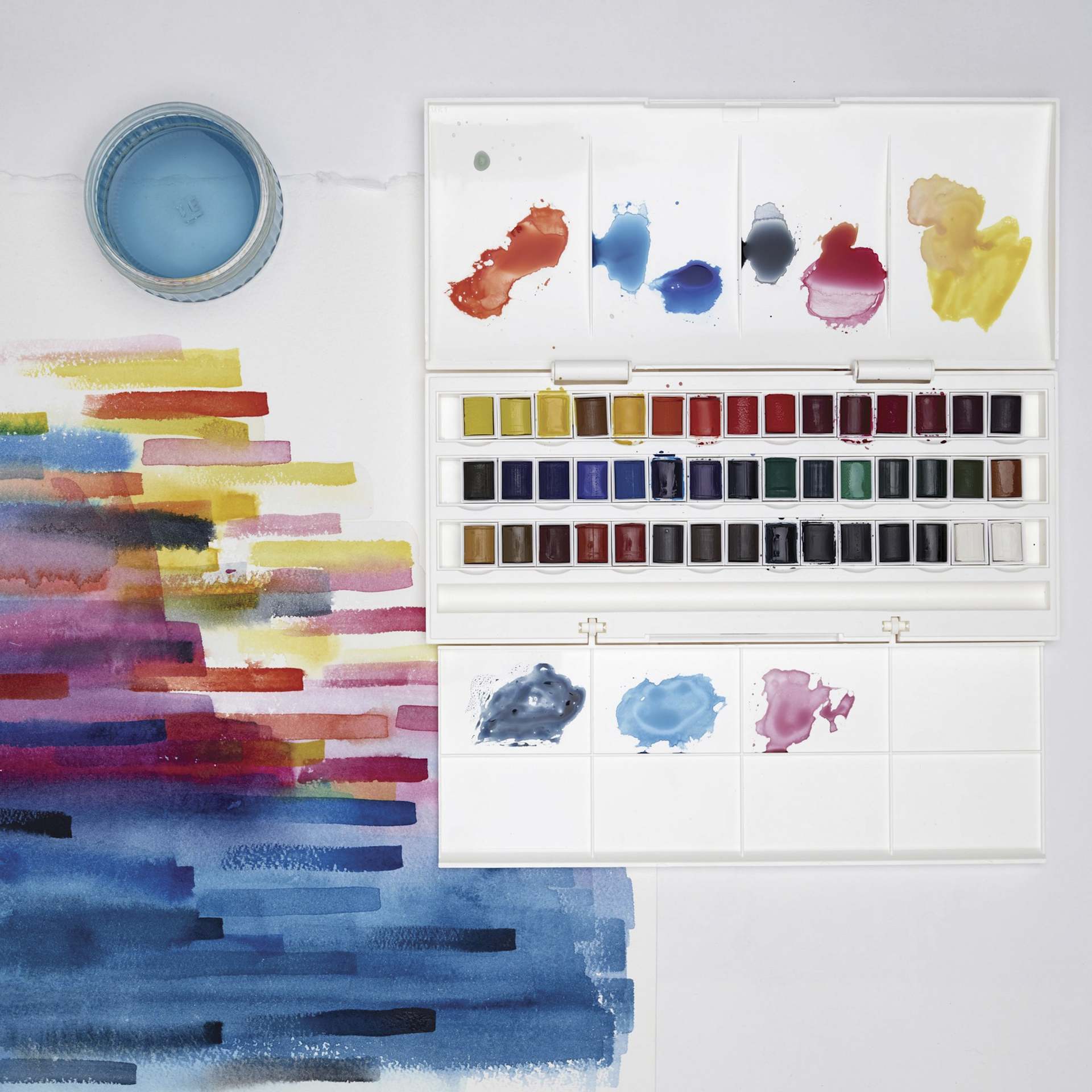 Winsor & Newton Cotman Watercolors - Studio Set of 45, Assorted Colors, Half Pans, on desk