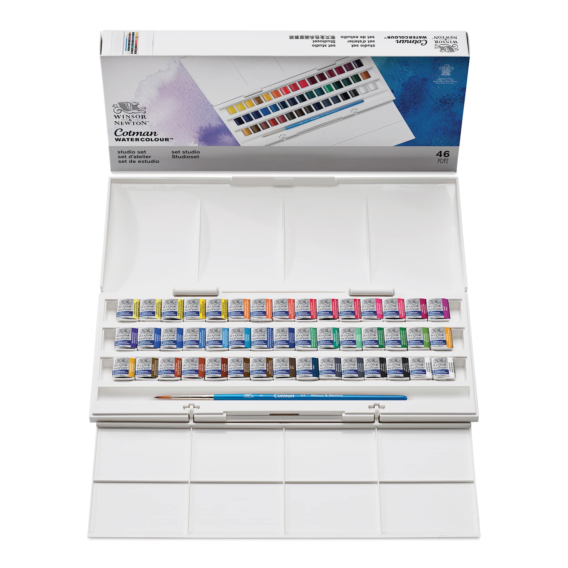 Winsor & Newton Cotman Watercolor - Studio Set, Set of 45, Assorted Colors, Half Pans (Front of packaging shown with open set)