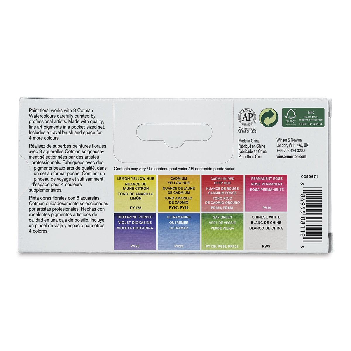 Winsor & Newton Cotman Watercolor Set - Floral Pocket Set, Set of 8, Half Pans (Back of packaging)