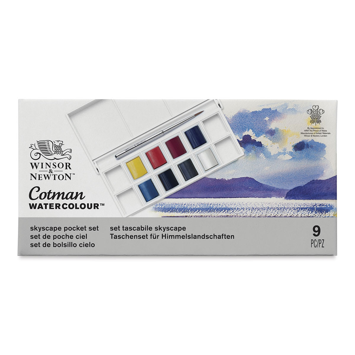 Winsor & Newton Cotman Watercolor Set - Skyscape Pocket Set, Set of 8, Half Pans (Front of packaging)