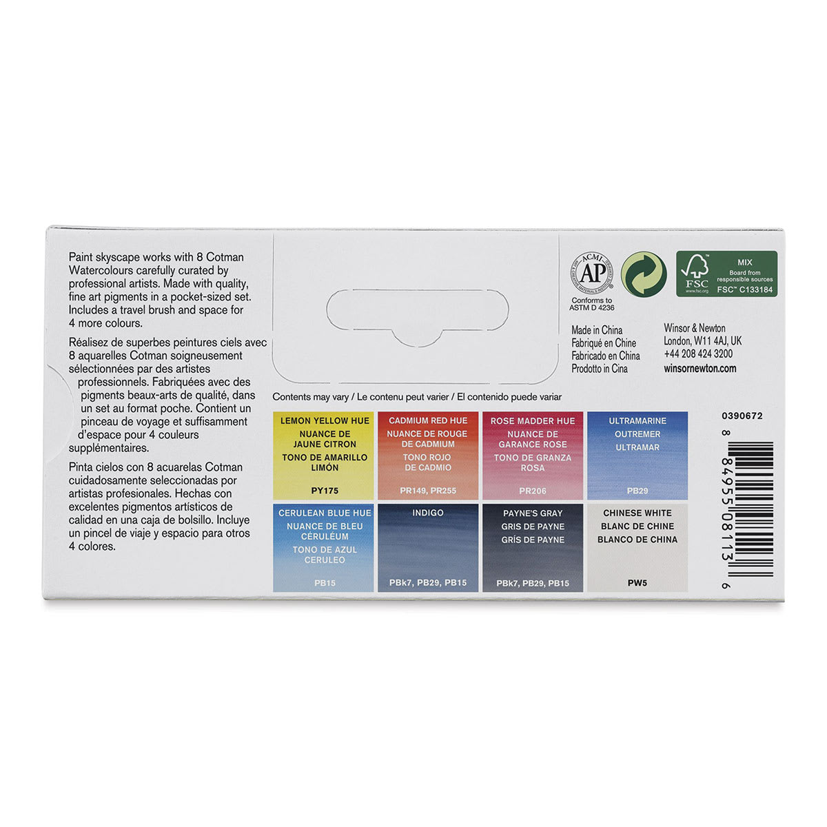 Winsor & Newton Cotman Watercolor Set - Skyscape Pocket Set, Set of 8, Half Pans (Back of packaging)