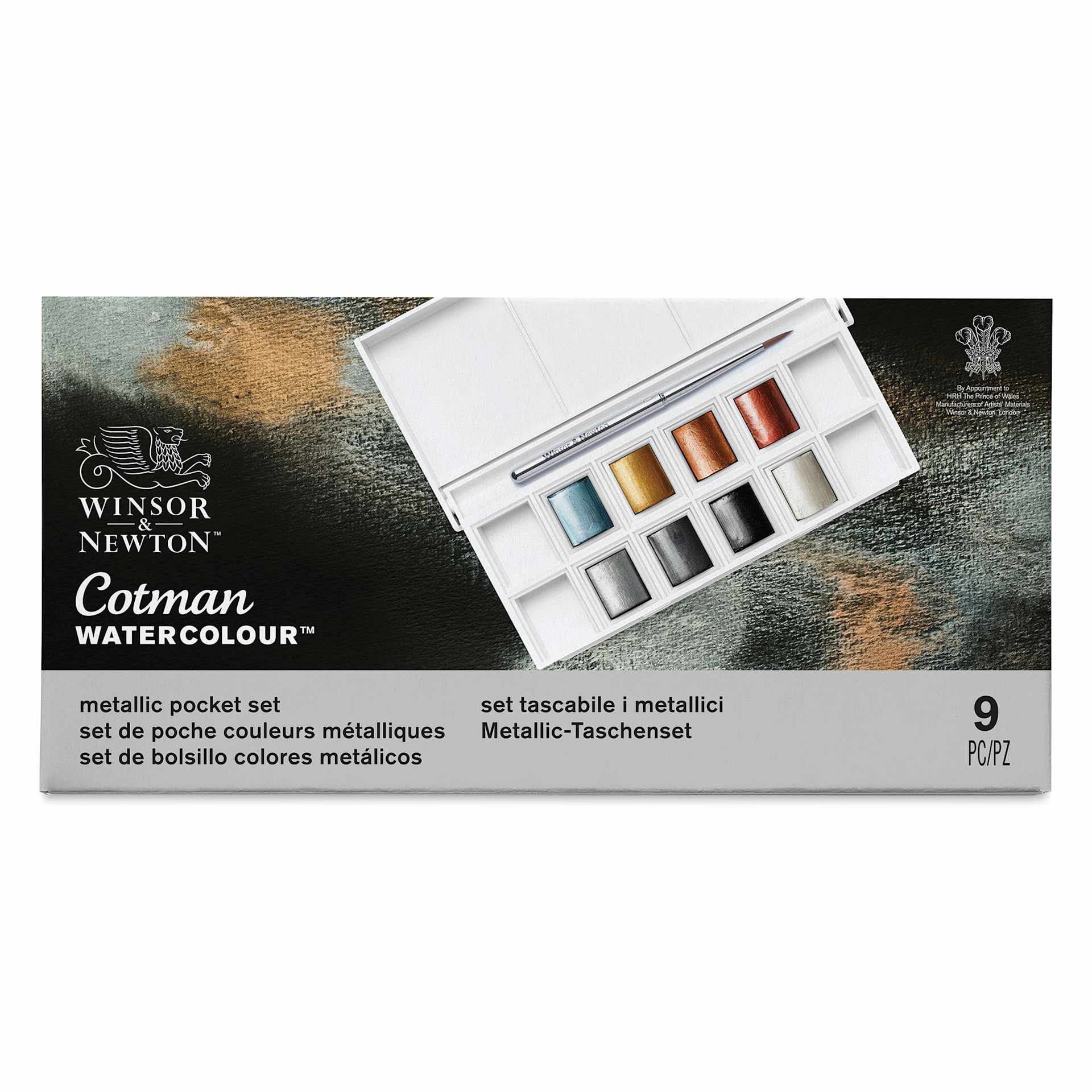 Winsor & Newton Cotman Watercolors - Metallic Pocket Set, Set of 8, Half Pans (Front of packaging)