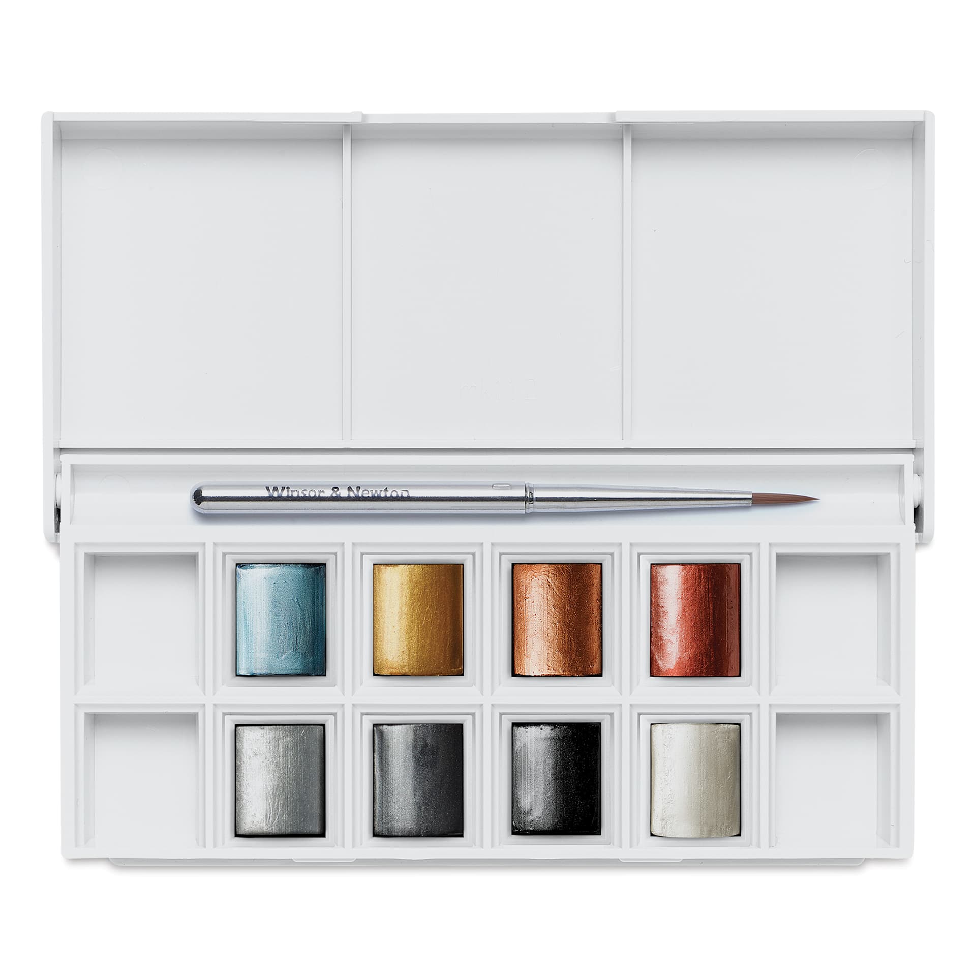 Winsor & Newton Cotman Watercolors - Metallic Pocket Set, Set of 8, Half Pans (Lid open, Shown with brush)